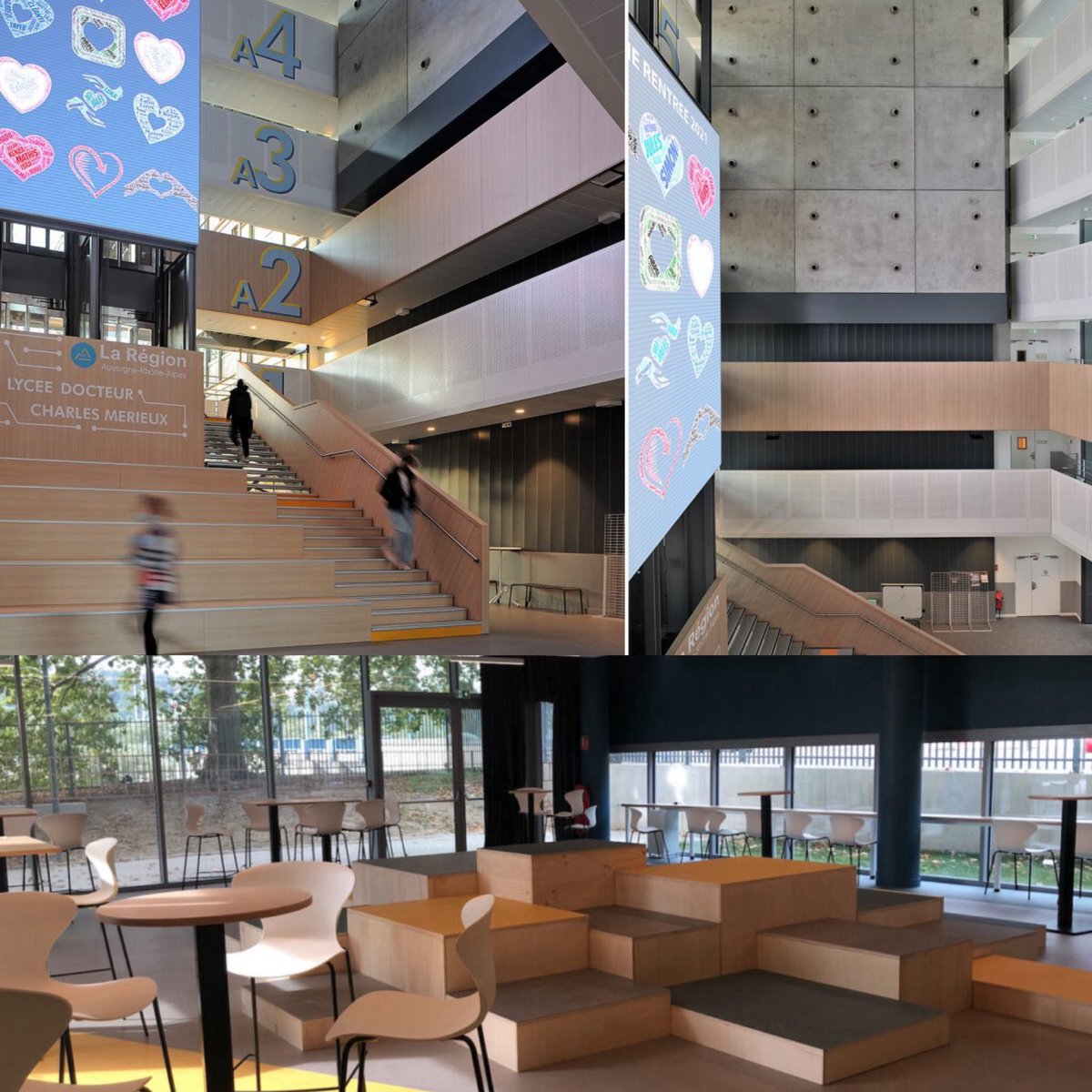 Guigz75116's tweet photo. Je vous présente les conditions inhumaines du lycée Docteur Charles Mérieux, à Lyon.

Atrium de béton clair, escaliers en bois, écrans géants qui défilent avec des cœurs, niveaux A2, A3, A4 comme dans un siège social, alcôves de travail, gradins face aux baies vitrées, chaises jaunes, faux plafonds design. 

L’ancien immeuble Sanofi-Pasteur, racheté et réaménagé pour « le lycée de demain ». 

On y sent tout de suite la misère.

Le 14 septembre, le sommet de l’indignité : un départ de feu dans les toilettes du 4e étage.

Réaction excessive, sans doute, face à l’oppression des gradins en bois et des alcôves trop lumineuses.

On se fou de la gueule de qui sérieux ?