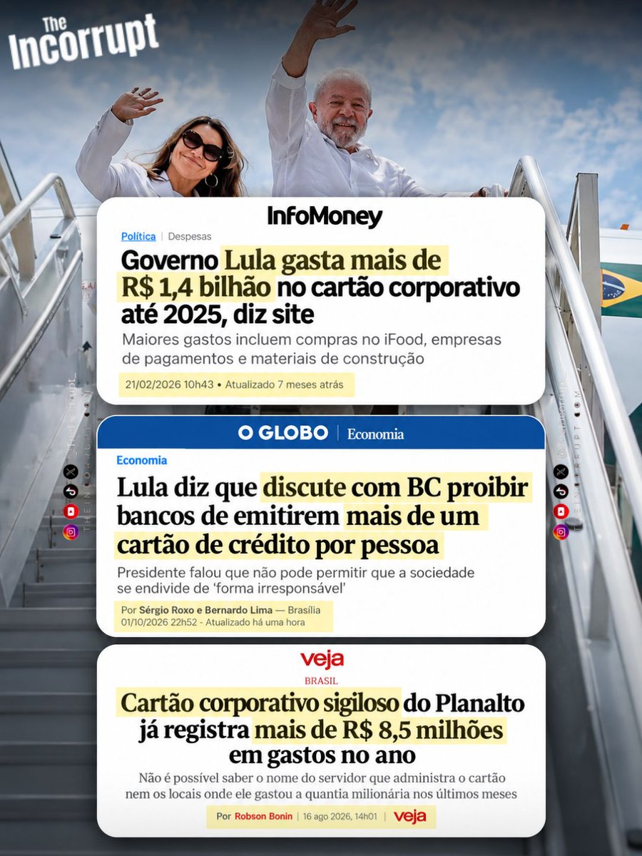 TheIncorrupt_'s tweet photo. 🚨GRAVE | PARA O CIDADÃO, UM CARTÃO. PARA O GOVERNO, A FATURA SEM LIMITES?

Depois de um mandato marcado pelo aumento do endividamento das famílias, Lula apresentou sua nova solução: discutir com o Banco Central a proibição de mais de um cartão de crédito por pessoa. Mais de 83 milhões de brasileiros estão inadimplentes.

Enquanto tenta controlar quantos cartões o cidadão pode ter, seu governo já gastou mais de R$ 1,4 bilhão em cartões corporativos até 2025. Em 2026, apenas um cartão sigiloso da Presidência já havia ultrapassado R$ 8,5 milhões.

Em vez de enfrentar juros altos, desperdícios e descontrole fiscal, Lula quer decidir quantos cartões cabem na carteira do brasileiro.

Para o governo, gasto e sigilo. Para o povo, limite e tutela.