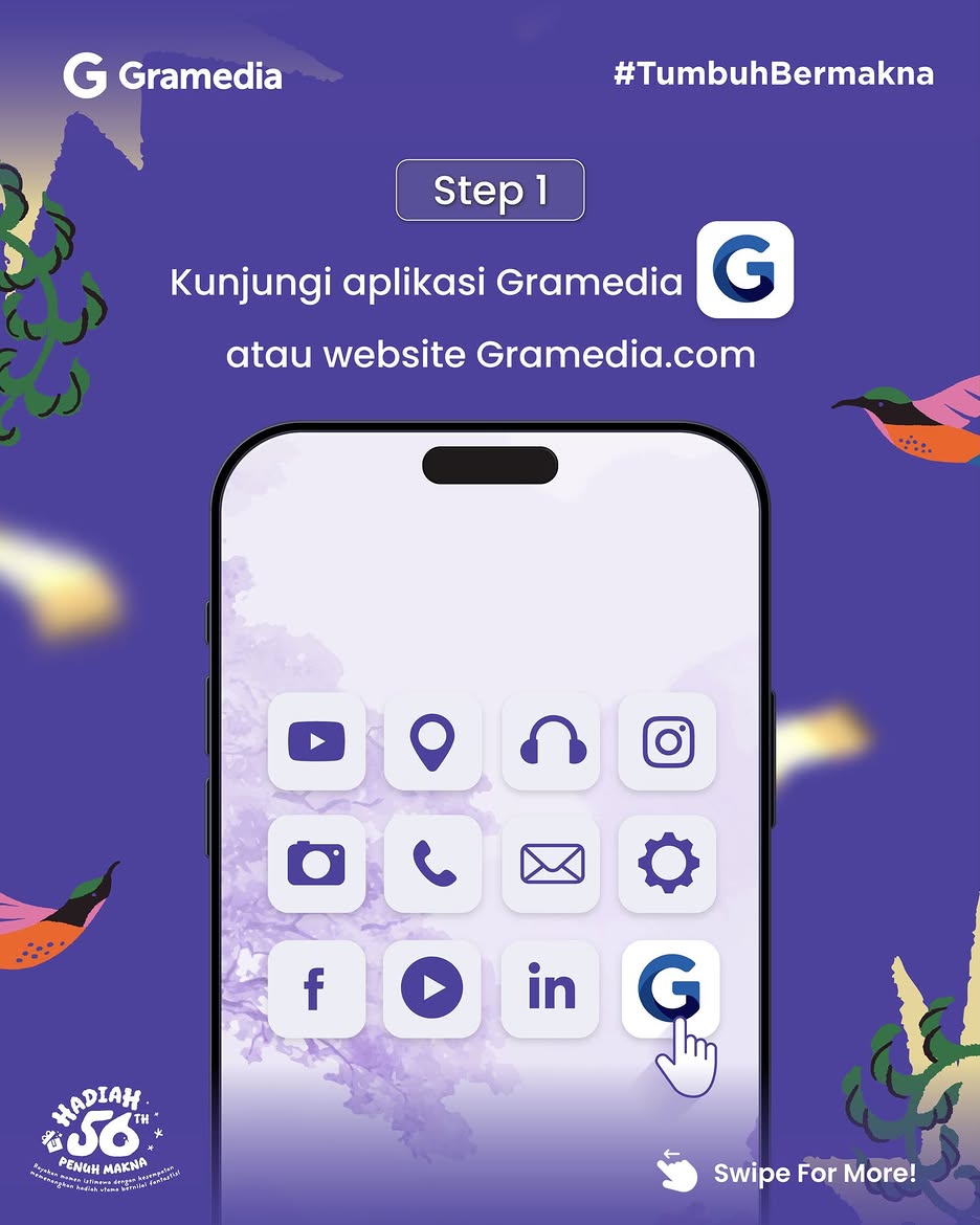 gramedia's tweet photo. Cara gampang buat cek kupon Hadiah 56 Tahun Penuh Makna Gramedia! ✨

1. Buka aplikasi Gramedia atau web https://t.co/BZXf0MQGUn
2. Buka menu Akun
3. Di menu Akun, klik bagian Riwayat Kupon

Langsung tertera deh jumlah kupon milikmu! Jadi, berapa kupon yang kamu punya sekarang?
