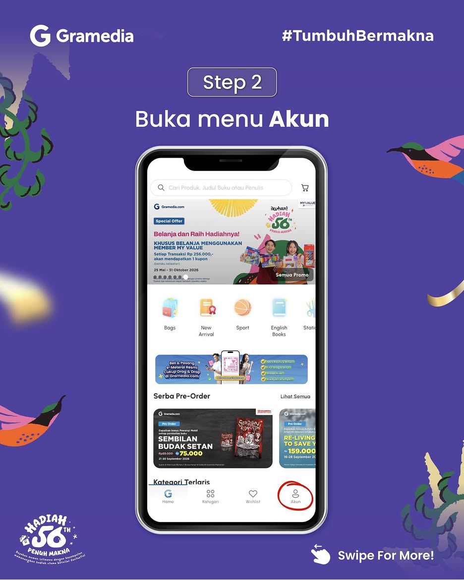 gramedia's tweet photo. Cara gampang buat cek kupon Hadiah 56 Tahun Penuh Makna Gramedia! ✨

1. Buka aplikasi Gramedia atau web https://t.co/BZXf0MQGUn
2. Buka menu Akun
3. Di menu Akun, klik bagian Riwayat Kupon

Langsung tertera deh jumlah kupon milikmu! Jadi, berapa kupon yang kamu punya sekarang?