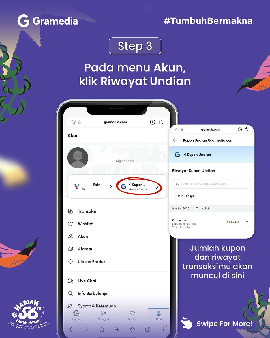 gramedia's tweet photo. Cara gampang buat cek kupon Hadiah 56 Tahun Penuh Makna Gramedia! ✨

1. Buka aplikasi Gramedia atau web https://t.co/BZXf0MQGUn
2. Buka menu Akun
3. Di menu Akun, klik bagian Riwayat Kupon

Langsung tertera deh jumlah kupon milikmu! Jadi, berapa kupon yang kamu punya sekarang?