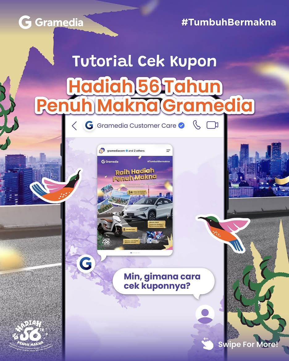 gramedia's tweet photo. Cara gampang buat cek kupon Hadiah 56 Tahun Penuh Makna Gramedia! ✨

1. Buka aplikasi Gramedia atau web https://t.co/BZXf0MQGUn
2. Buka menu Akun
3. Di menu Akun, klik bagian Riwayat Kupon

Langsung tertera deh jumlah kupon milikmu! Jadi, berapa kupon yang kamu punya sekarang?
