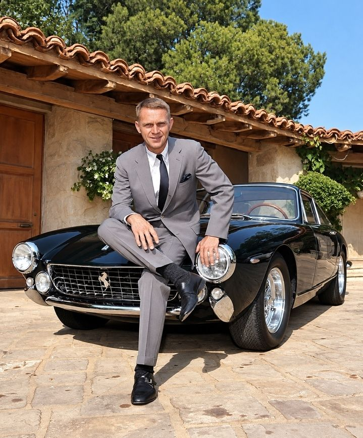 Mary588x's tweet photo. Feast your eyes on Steve McQueen, the “King of Cool,” posing with his 1963 #Ferrari 250 GT Lusso, which was just one gem in his car collection, alongside Porsches and Jaguars.  What was your favorite McQueen car moment❓ https://t.co/9P7kfRfRXF