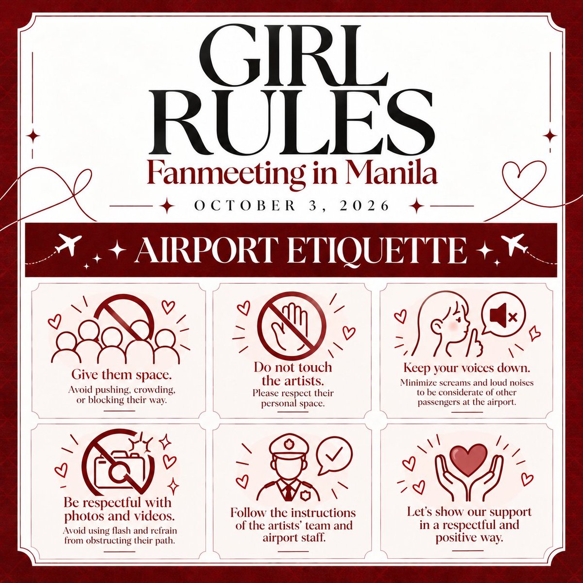 NamtanFilm_UNFC's tweet photo. ATTENTION, LUNARS, MUVMUVS, & VIMMYs! ❤️

For those who are heading to the airport to welcome NamtanFilm, MilkLove, and ViewMim, we kindly ask everyone’s cooperation in following these simple Airport Etiquette Guidelines ✈️🤍

Let’s make sure we can show our love and support while also respecting the artists, airport staff, and other passengers.

✨ 1. Give them space.
Please avoid pushing, crowding, or blocking their way. Give the artists enough room to move safely and comfortably.
🤍 2. Do not touch the artists.
Please respect their personal space and boundaries. No grabbing, holding, pulling, or attempting to touch them.
🔇 3. Keep your voices down.
We know everyone is excited, but please minimize screaming and loud noises to avoid disturbing other passengers and airport operations.
📸 4. Be respectful with photos and videos.
You may take photos and videos, but please avoid using flash and make sure you do not obstruct the artists’ path or movement.
👮 5. Follow the instructions of the artists’ team and airport staff.
Please cooperate with security, airport personnel, and the artists’ management. Their instructions are there to keep everyone safe and organized.
❤️ 6. Let’s show our support respectfully and positively.
Let’s make the artists feel welcomed and loved while creating a safe, comfortable, and positive environment for everyone.

We know how excited everyone is to finally see NamtanFilm, MilkLove, and ViewMim, but let’s remember that being a fan also means respecting their space and well-being. Let’s represent our fandoms with kindness, respect, and good manners 🥰

#GirlRulesFMinManila #NamtanFilm #MilkLove #ViewMim