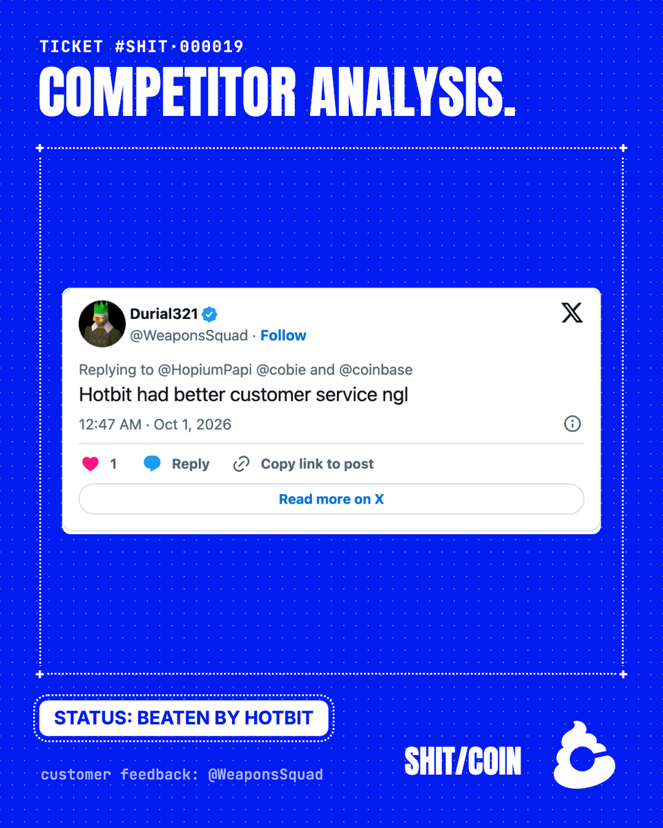 ShitcoinSupp's tweet photo. TICKET #SHIT·000019
benchmarking complete.
hotbit: offline since 2023.
@CoinbaseSupport offline since launch. https://t.co/md8IieJocZ