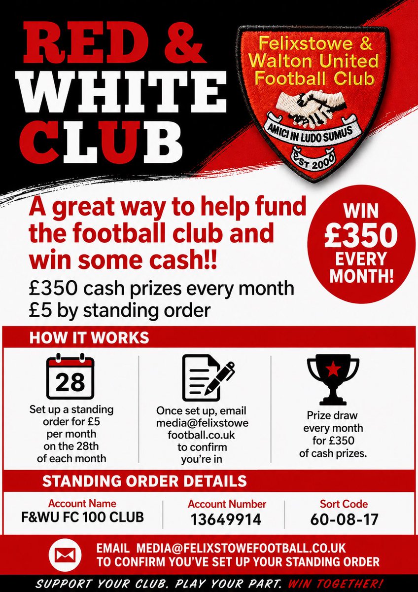 Felixseasiders's tweet photo. 🔴⚪️ RED &amp; WHITE CLUB ⚪️🔴

Last chance to play in Septembers draw. It’ll take place ON THE PITCH at the Canvey Island game on 3rd October 

Simply click the link below 👇🏼 

https://t.co/6l1YgSjMN3 https://t.co/7SZKAflP7V