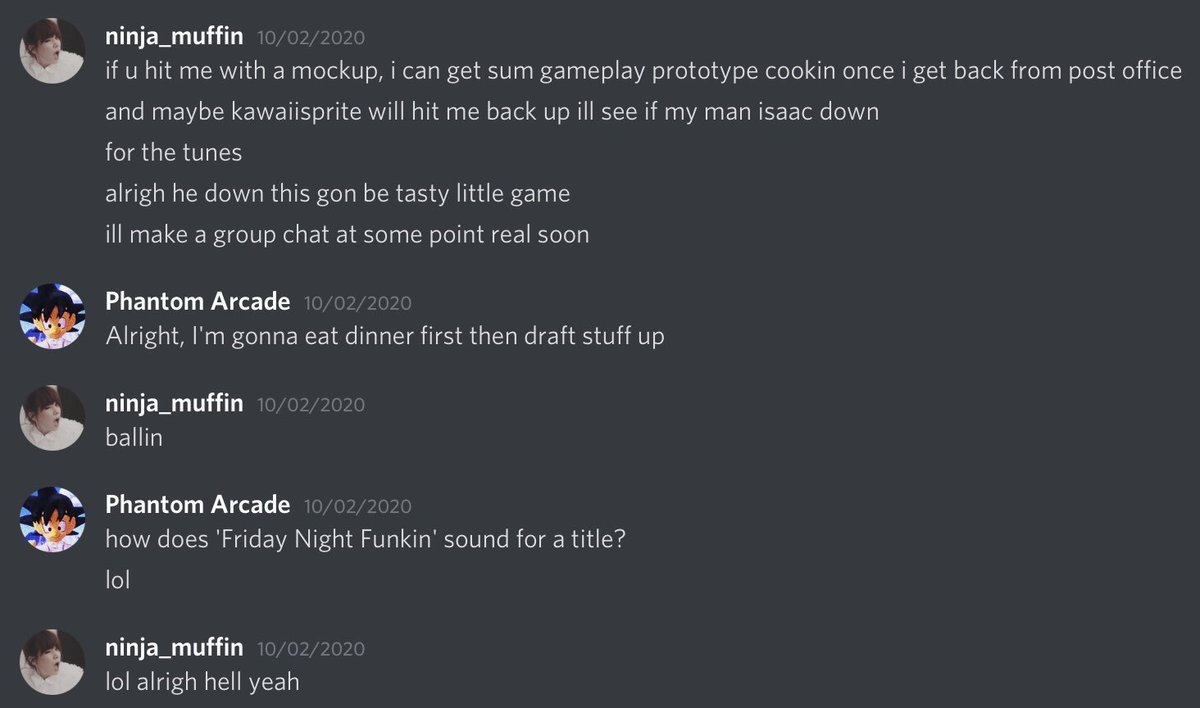 News_Funkin's tweet photo. 6 years ago today, Phantom Arcade and Ninjamuffin would speak about making a game for the Ludum Dare 47 gamejam.

That game would end up being named Friday Night Funkin'. https://t.co/aQ51JnY6hz