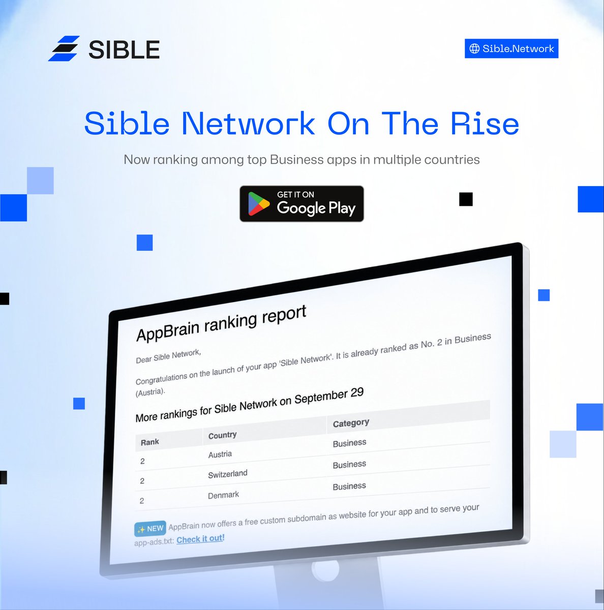 SibleNetworkAI's tweet photo. Sible Network is gaining momentum across Europe. 🌍

According to the latest AppBrain ranking report, the Sible Network app reached #2 in the Business category in:

🇦🇹 Austria
🇨🇭 Switzerland
🇩🇰 Denmark

A strong early signal only days after the Android release, and an encouraging milestone for the growing Sible community.

Thank you to everyone downloading the app, staying active, and helping Sible reach new markets.

The only way is up from here!

#SibleAI #SIBLE #SibleNetwork