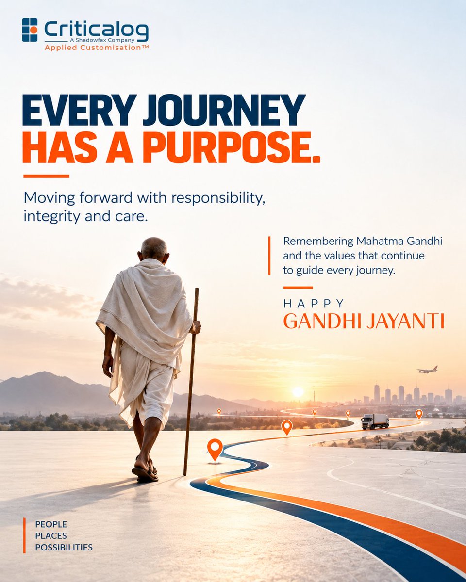 CriticaLog's tweet photo. This Gandhi Jayanti, we remember Mahatma Gandhi and the enduring values that continue to inspire how we move forward—connecting people, places and possibilities with purpose.

Happy Gandhi Jayanti.

@shadowfax_in @CriticaLog 
#GandhiJayanti #Criticalog #AppliedCustomisation https://t.co/vjtrzMcY34
