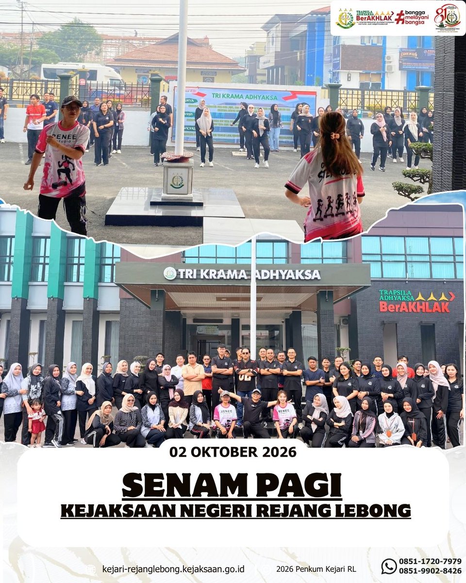kejariRL's tweet photo. Jum'at, 02 Oktober 2026.
Seluruh Pegawai Kejaksaan Negeri Rejang Lebong di Pimpin Oleh Kepala Kejaksaan Negeri Rejang Lebong Bersama menjaga kebugaran, meningkatkan semangat, dan mempererat kebersamaan untuk mewujudkan insan Adhyaksa yang sehat, solid, dan berintegritas. https://t.co/RzQmSmAa1h