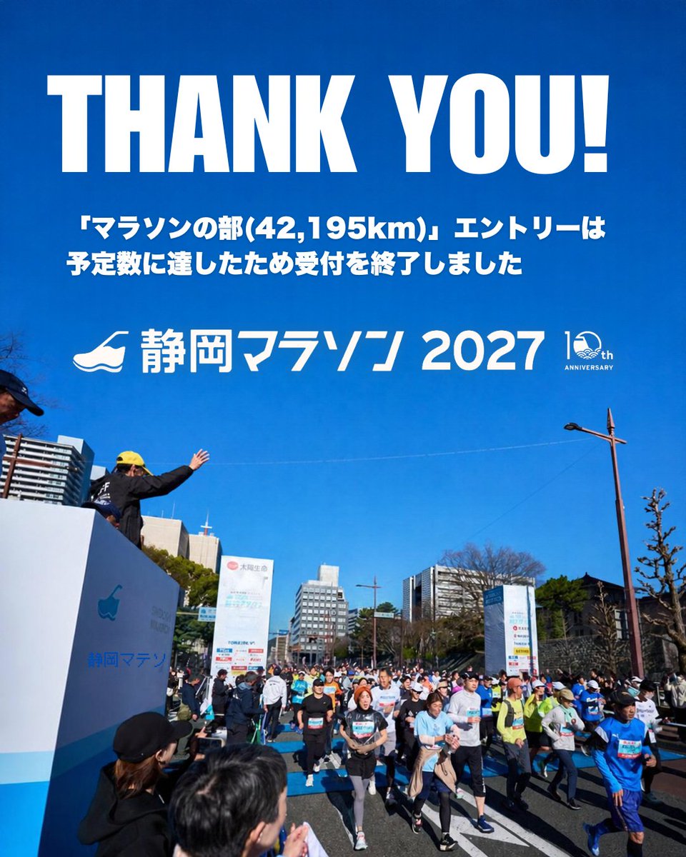 shizumarathon's tweet photo. 「マラソンの部」エントリーは予定数に達しましたので受付を終了しました。たくさんのお申し込みありがとうございました。 https://t.co/ZqW2kqQ4B0