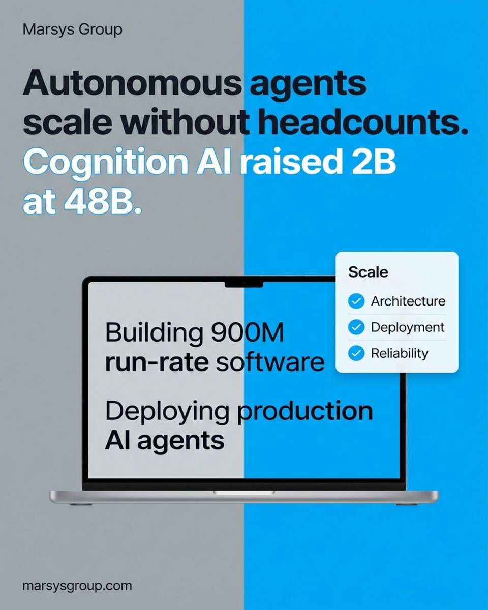 marsysgroup's tweet photo. Cognition AI raised $2B at a $48B valuation as run-rate revenue nears $900M. Autonomous agents are here. Marsys Group builds custom AI apps and production systems to help your team scale without friction. Planning a product? Let's talk: https://t.co/2on2USWVnm #AI #Tech https://t.co/0wB3q9tMda