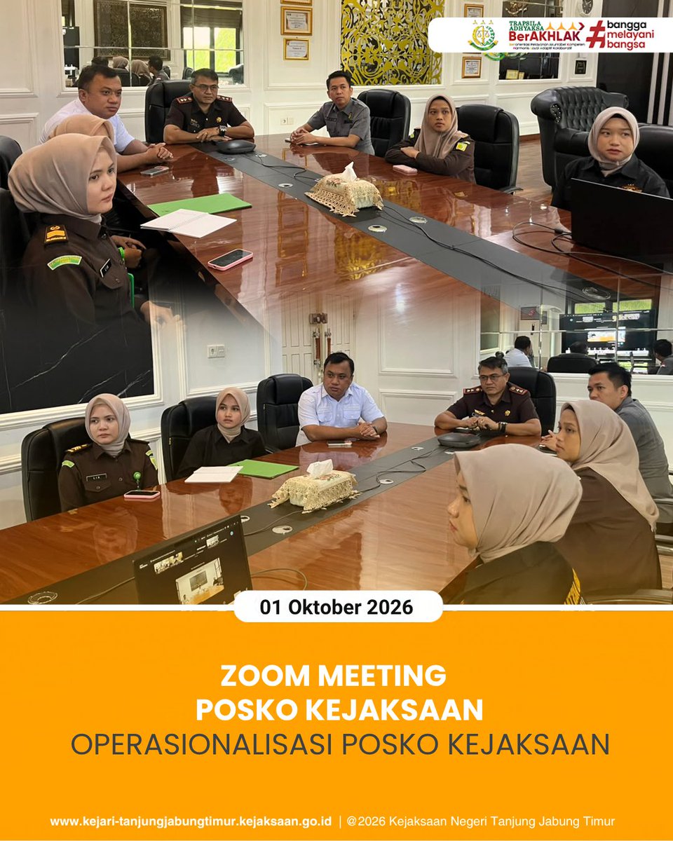 KejariTanjabTim's tweet photo. Kamis, 1 Oktober 2026, Kepala Kejaksan Negeri Tanjung Jabung Timur dan Kepala Seksi Intelijen dan staf Intelijen \mengikuti Zoom Meeting Rapat Konsolidasi Operasionalisasi Posko Kejaksaan. https://t.co/wtqfD2DqVg