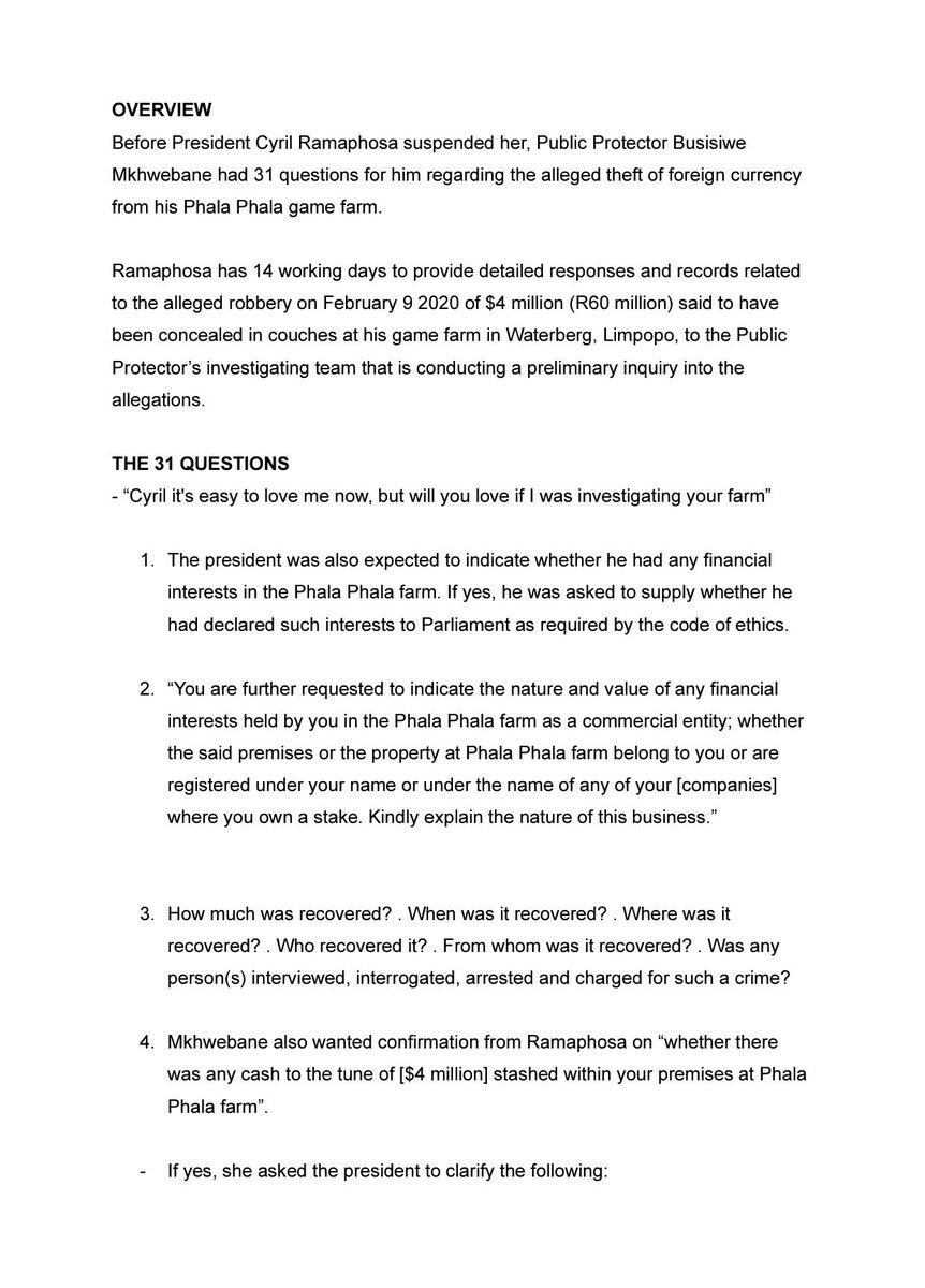 Nhleiks5's tweet photo. A friendly reminder of 31 questions Adv Busisiwe Mkhwebane asked cyril ramaphosa ,you know what happened later🤔#PhalaPhalaFarmGate https://t.co/AhlqtLvftj