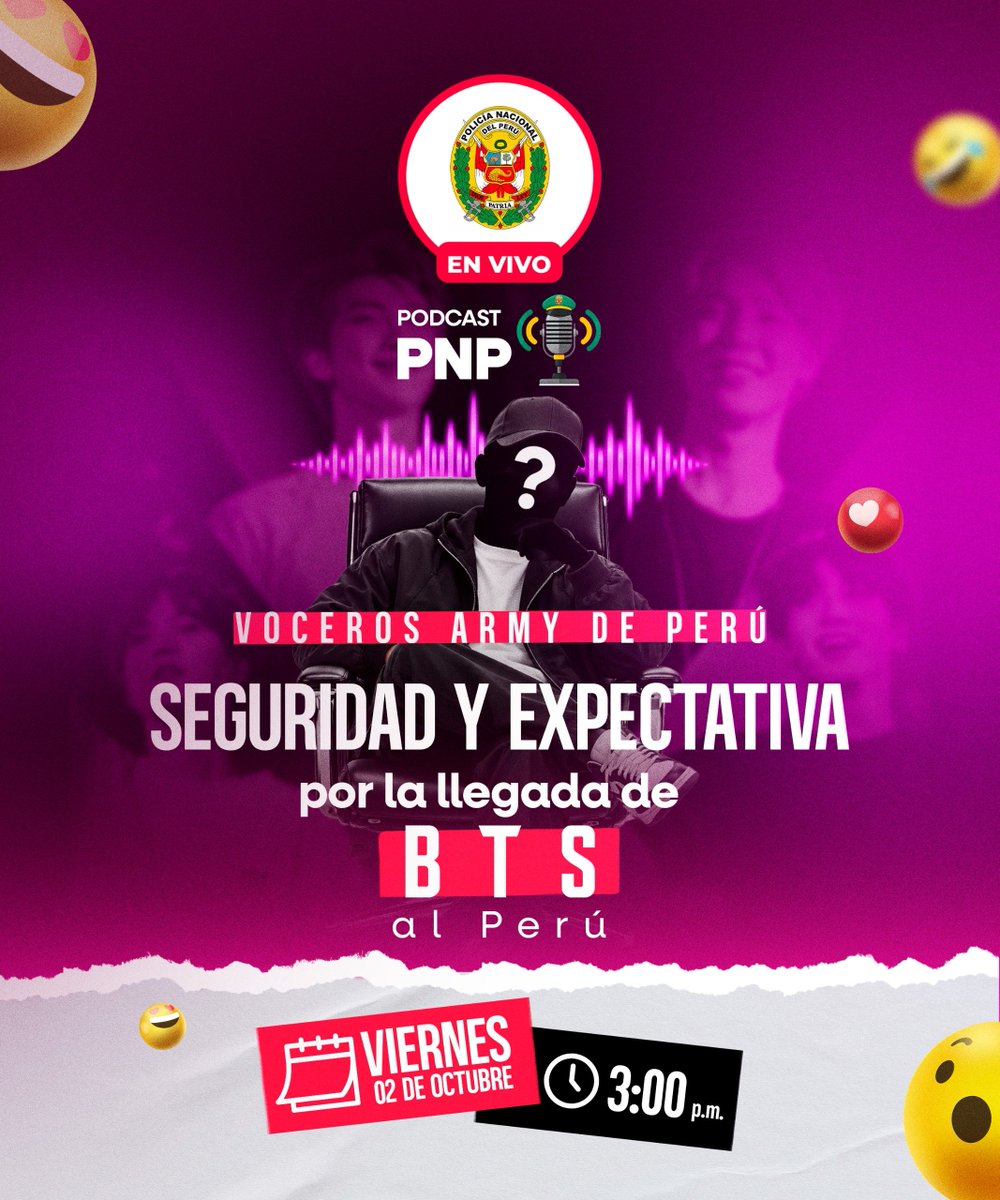 Policia_Peruana's tweet photo. 🚨 ¡No te pierdas el EN VIVO de nuestro Podcast PNP!

🎙️🇵🇪 Conversaremos sobre las acciones y el despliegue de seguridad que realizará la PNP para garantizar el orden público y la tranquilidad de todos durante los conciertos de BTS en el Perú.

💜 Además, contaremos con la participación de ARMYs, representantes de BTS Perú y Kitto.

🗓️ Viernes 2 de octubre a las 15:00 horas.

¡Conéctate a la transmisión! 💜👇

#BTSenPeru #PodcastPNP #SeguridadCiudadana #ARMYPeru #PNP #EnVivo