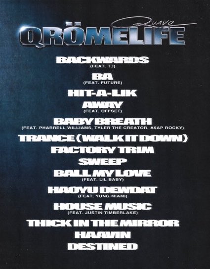 nfr_podcast's tweet photo. QUAVO 🚨

QRÖMELIFE 💿

OUT NOW.

Produced by Pharrell. Features: 
• TYLER, THE CREATOR
• FUTURE
• A$AP ROCKY
• OFFSET
• LIL BABY
• JUSTIN TIMBERLAKE
• T.I.
• YUNG MIAMI https://t.co/uJ5oKzjJRs