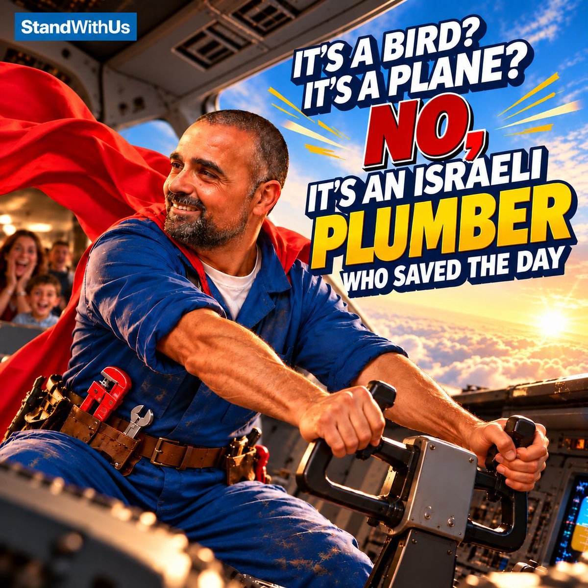 StandWithUs's tweet photo. It's a bird? It's a plane? No - it's an Israeli plumber who saved 174 lives. 🦸

When a flydubai co-pilot stabbed the captain and sent the Tel Aviv-bound plane into a nosedive over Saudi Arabia, an Israeli plumber on board stormed the cockpit, pulled the attacker away from the controls, and grabbed the steering wheel to level the plane - having never flown before in his life.

When asked how he knew what to do, he had a simple answer: he learned it from watching a TV show.

But he wasn't alone. Other passengers tackled and restrained the terrorist co-pilot using earphones. Indian Captain Smit Machchhar - stabbed and bleeding - fought back against his attacker and managed to open the cockpit door, allowing additional crew members to enter and help bring the plane safely to the ground.

"Another 9/11 could have happened," said Israel's ambassador. It didn't - because of an Indian captain who refused to go down, a plumber who learned to fly from television, and passengers who acted without hesitation.

Heroes come in all shapes, sizes, and tool belts. 🇮🇱✈️