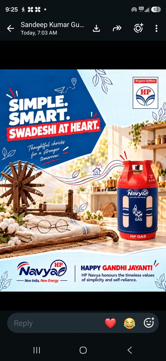 HPNAGPURLPG's tweet photo. From the charkha that symbolised self-reliance to New Energy shaping modern India, the spirit of Swadeshi continues to inspire stronger tomorrows. 🇮🇳

This Gandhi Jayanti, HP Navya salutes simplicity, innovation and self-reliance.

#GandhiJayanti #HPNavya #NewIndiaNewEnergy @HPCL https://t.co/SJ94JBFTzv
