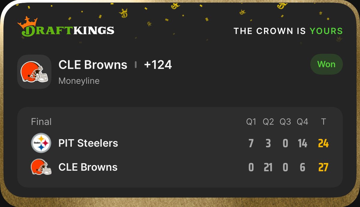 YouHearUs2022's tweet photo. Ladies and Gentleman your 2026 Cleveland Browns are in 1st place through a quarter of the NFL Season. Both of us were on the Browns and @justduffynow sweated a nice little hit on @DraftKings tonight, and the never a doubt Browns ML, plus as always we ride with @PatMcAfeeShow boost #thankyew #GambleResponsibly
