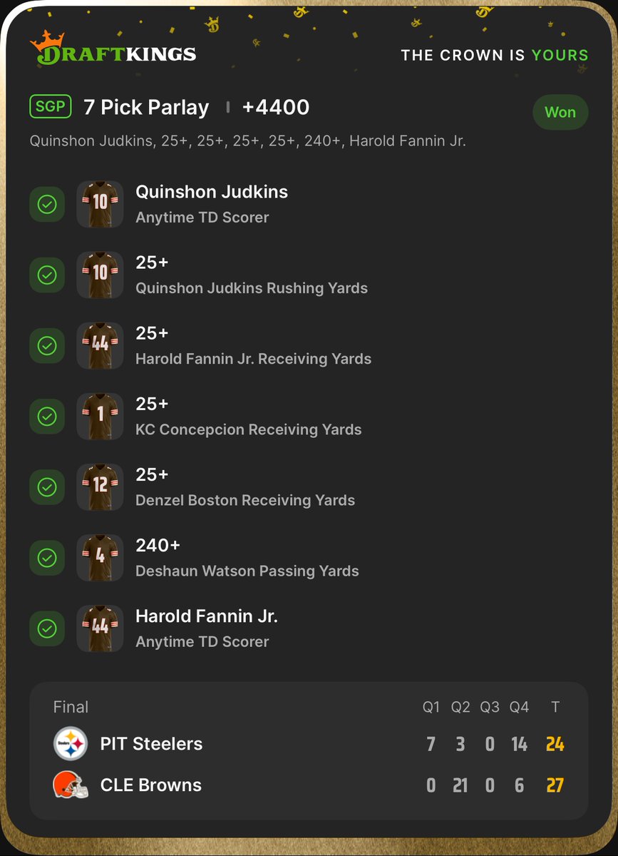 YouHearUs2022's tweet photo. Ladies and Gentleman your 2026 Cleveland Browns are in 1st place through a quarter of the NFL Season. Both of us were on the Browns and @justduffynow sweated a nice little hit on @DraftKings tonight, and the never a doubt Browns ML, plus as always we ride with @PatMcAfeeShow boost #thankyew #GambleResponsibly