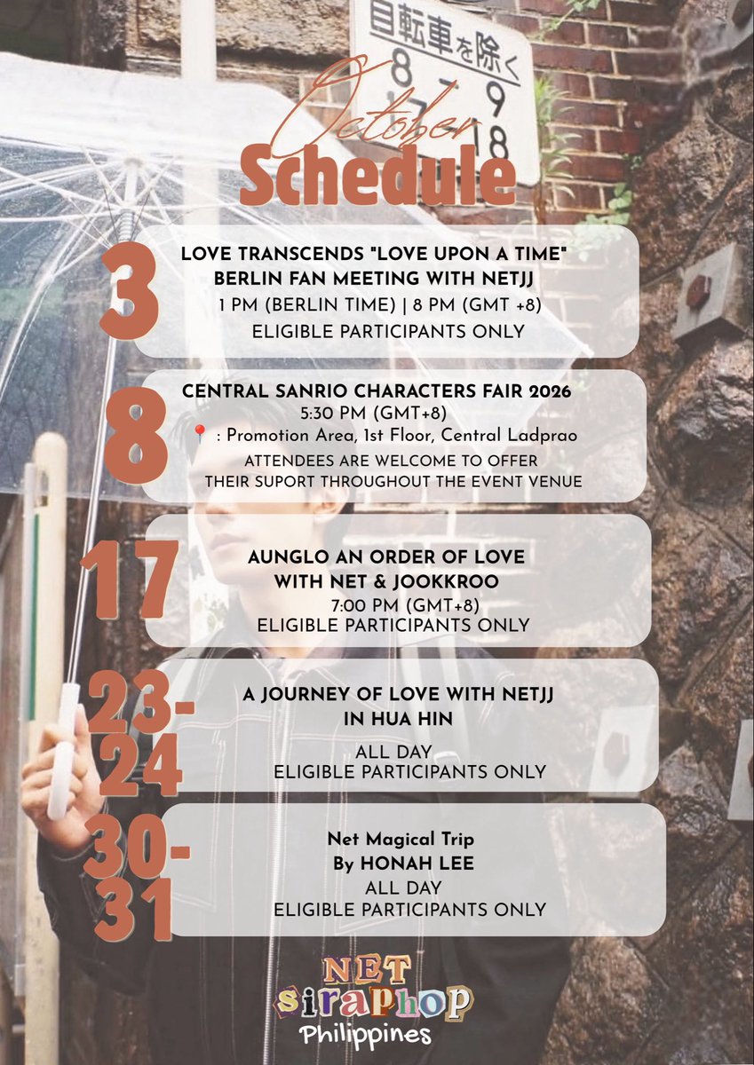 NetsrphpPH's tweet photo. ♥︎ NET SIRAPHOP OCTOBER 2026 SCHEDULE ♥︎

Note: Schedule is subject to change depending on artist or event announcements. We will continue to update this post as new upcoming events are confirmed! Stay tuned! 🗓️✨

⋆𐙚 ̊ #Netsiraphop #HAPPINET ⋆𐙚 ̊ https://t.co/uCVb7gpOkb