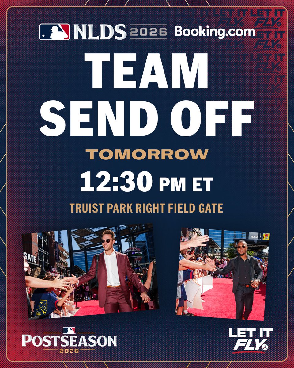 Braves's tweet photo. Braves Country‼️ 

Come out to @TruistPark tomorrow to send the guys off to LA ✈️

#LetItFly https://t.co/zjddLtgSCE