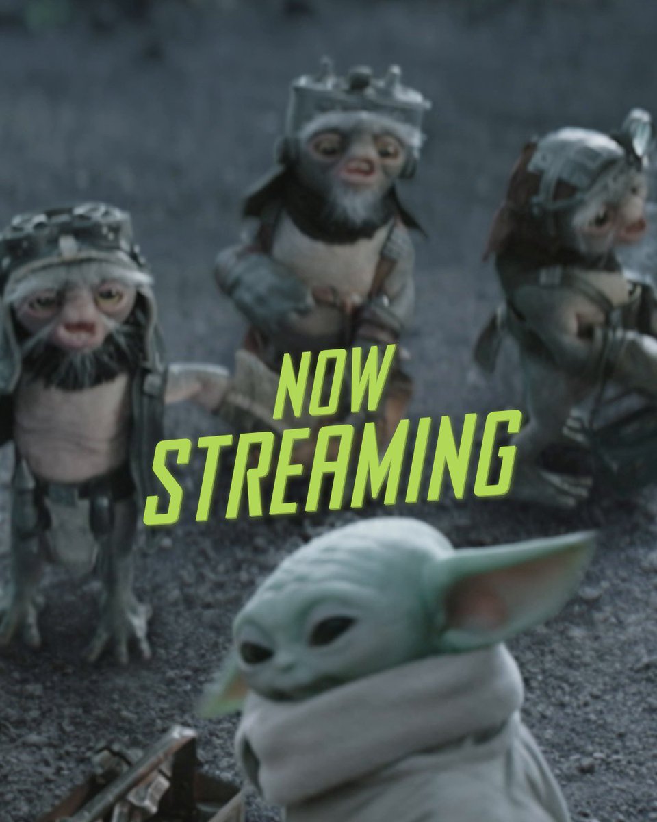 A streaming promo image shows Grogu (Baby Yoda) in the foreground with several Anzellan alien characters behind him, overlaid with text reading 'NOW STREAMING'.