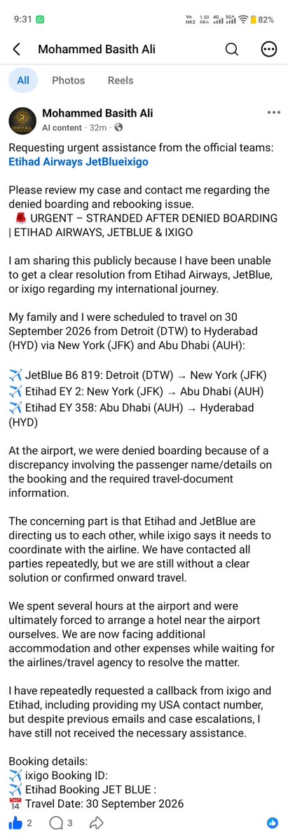 farooqsalafi's tweet photo. @ixigo @Et_15822807326 @JetBlue — please urgently look into this matter and coordinate with each other to resolve it.

A couple is stranded abroad after being denied boarding and has already spent hours waiting for assistance. Please treat this as an urgent matter https://t.co/Tyja5mSz7C