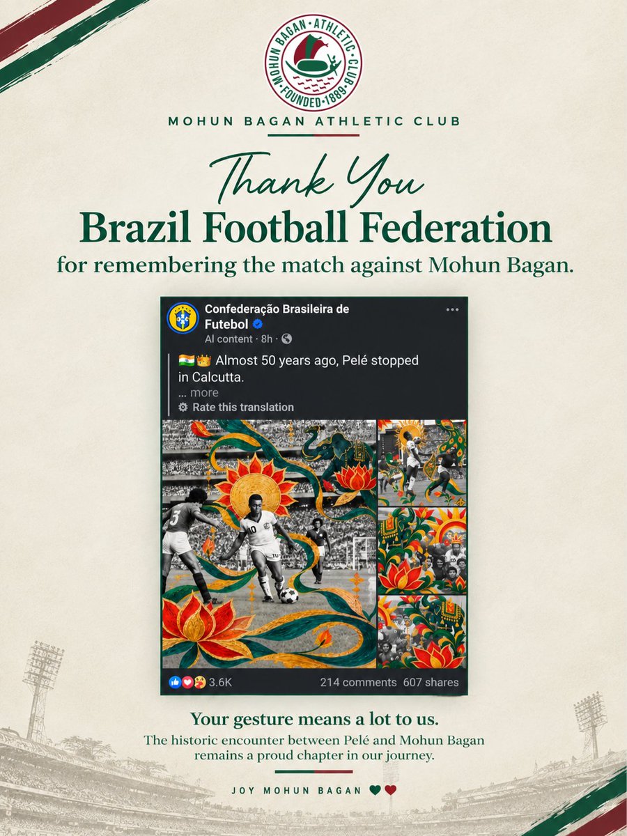 Mohun_Bagan's tweet photo. A Historic Chapter in Mohun Bagan’s Legacy

In 1977, Mohun Bagan faced Pelé and the star-studded New York Cosmos at Kolkata’s Eden Gardens before a crowd of nearly 80,000.

The historic exhibition match ended 2–2, with Shyam Thapa and Md. Habib scoring for Mohun Bagan. https://t.co/TDVzm4RBj1