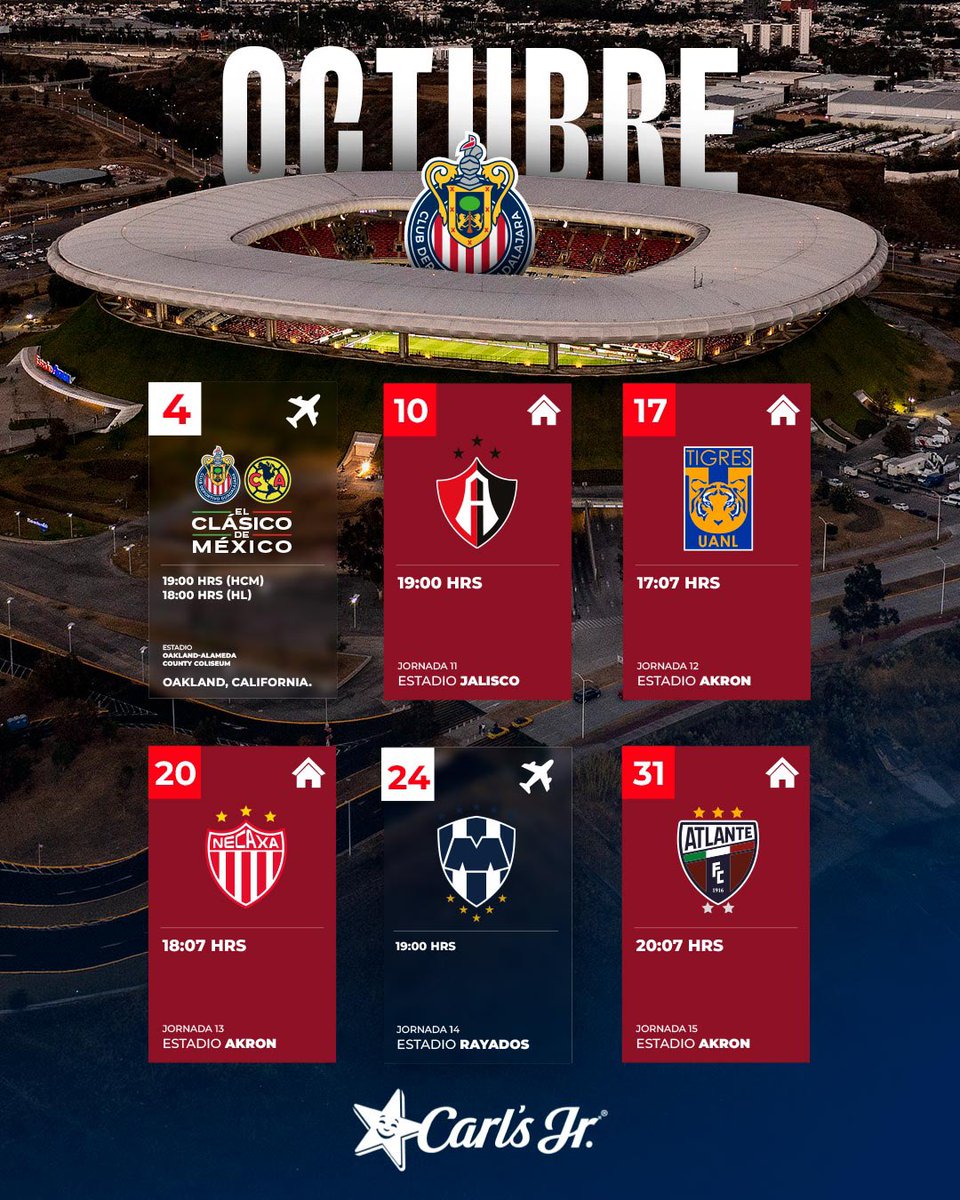 Chivas's tweet photo. 🗓️ ¡Así octubre para el Guadalajara! 🇫🇷

¡Con todo, Rebaño! 💪🏼 https://t.co/E2jx6mdUVy