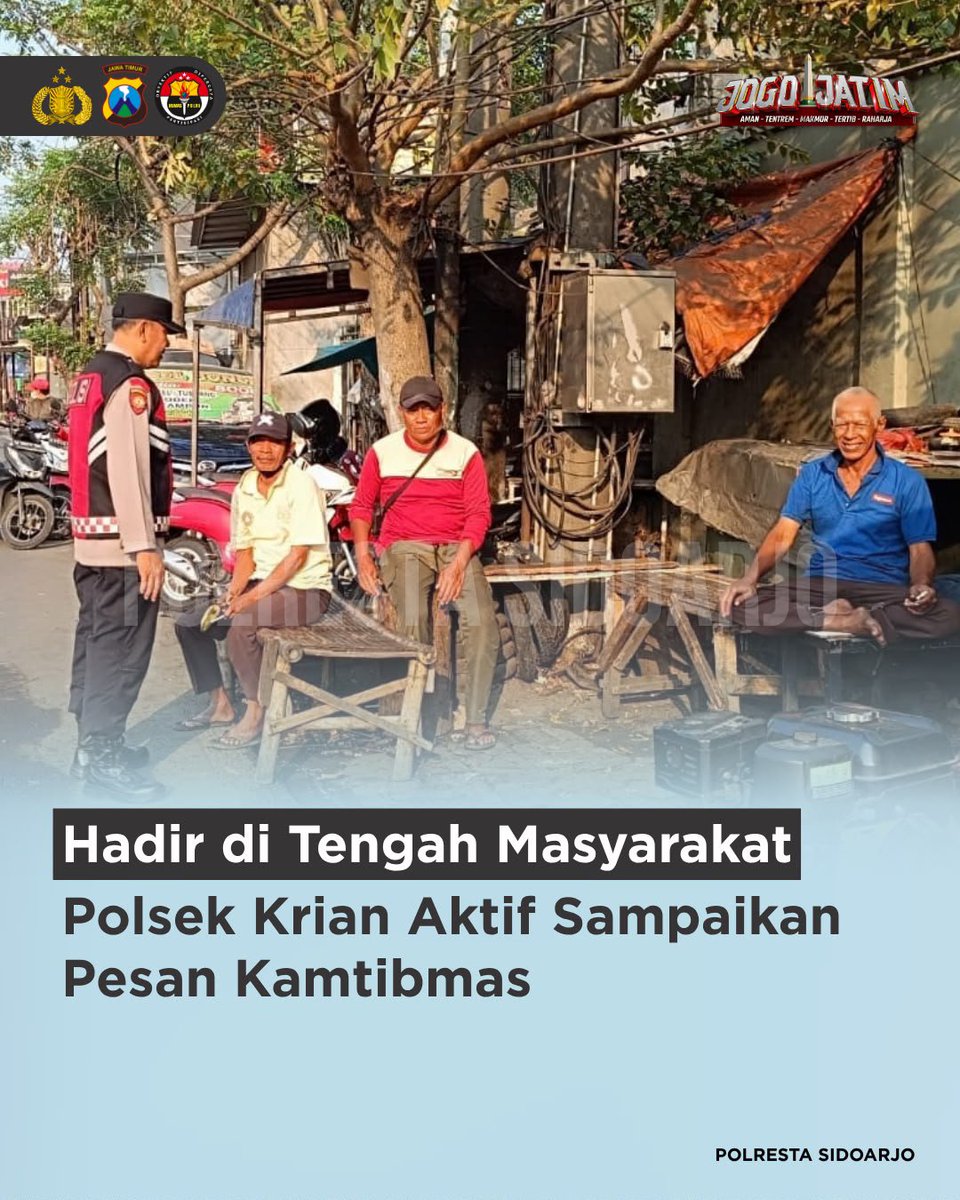 Deltasitik's tweet photo. Polsek Krian terus hadir di tengah aktivitas warga, menyapa, berdialog, sekaligus menyampaikan pesan Kamtibmas. Senyum warga menjadi pengingat bahwa kehadiran Polri selalu berarti.

#PolrestaSidoarjo
#PolriUntukMasyarakat
#PolriPresisi https://t.co/V3U1Rp9C5E