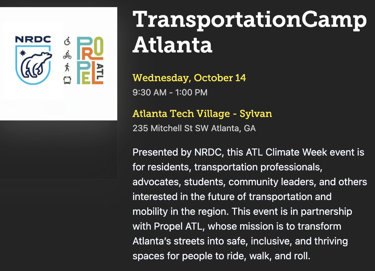 ThreadATL's tweet photo. Transportation Camp Atlanta is coming October 14, 9:30 AM - 1:00 PM.

For residents, transportation pros, advocates, students, community leaders, and others interested in the future of transportation!

LOCATION:
235 Mitchell St SW

FREE REGISTRATION:
https://t.co/TDB0jMiPtg https://t.co/JyG6yIcptv