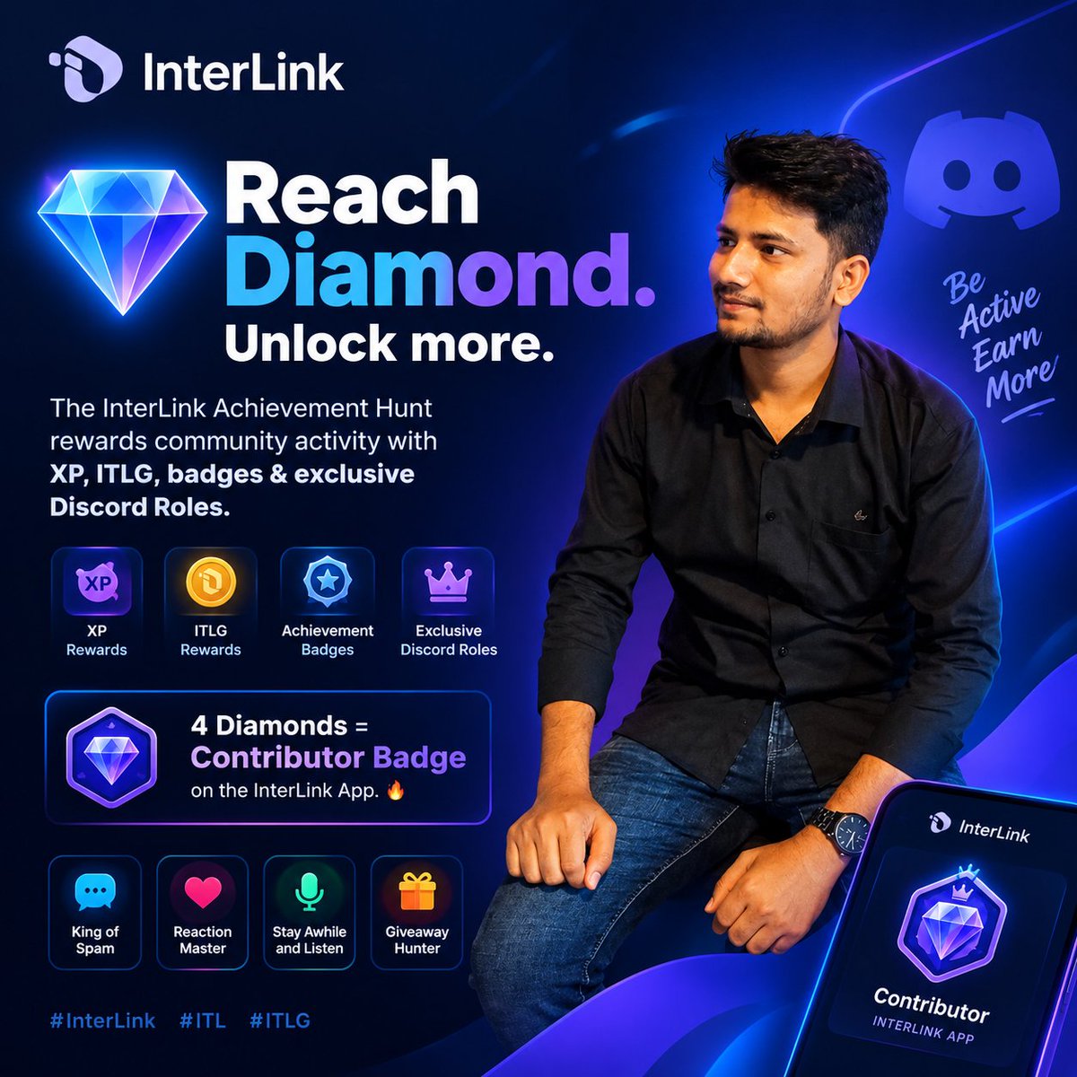 siam5859's tweet photo. 💎 Reach Diamond. Unlock more.
The InterLink Achievement Hunt rewards community activity with XP, ITLG, badges &amp; exclusive Discord Roles. 🏆
4 Diamonds = Contributor Badge on the InterLink App. 🔥
#InterLink #ITL #ITLG https://t.co/ZA6g6edVCL