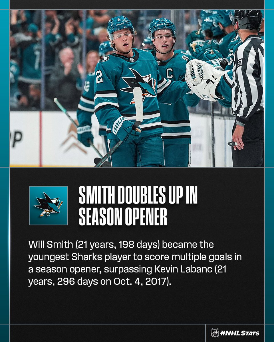 NHLPR's tweet photo. Hat trick watch for Will Smith 👀

The @SanJoseSharks forward became the first player to score two goals for the franchise in a season opener since Tomas Hertl (Jan. 14, 2021).

#NHLStats: https://t.co/BNdSxXPIJD https://t.co/a3J77zWpvH