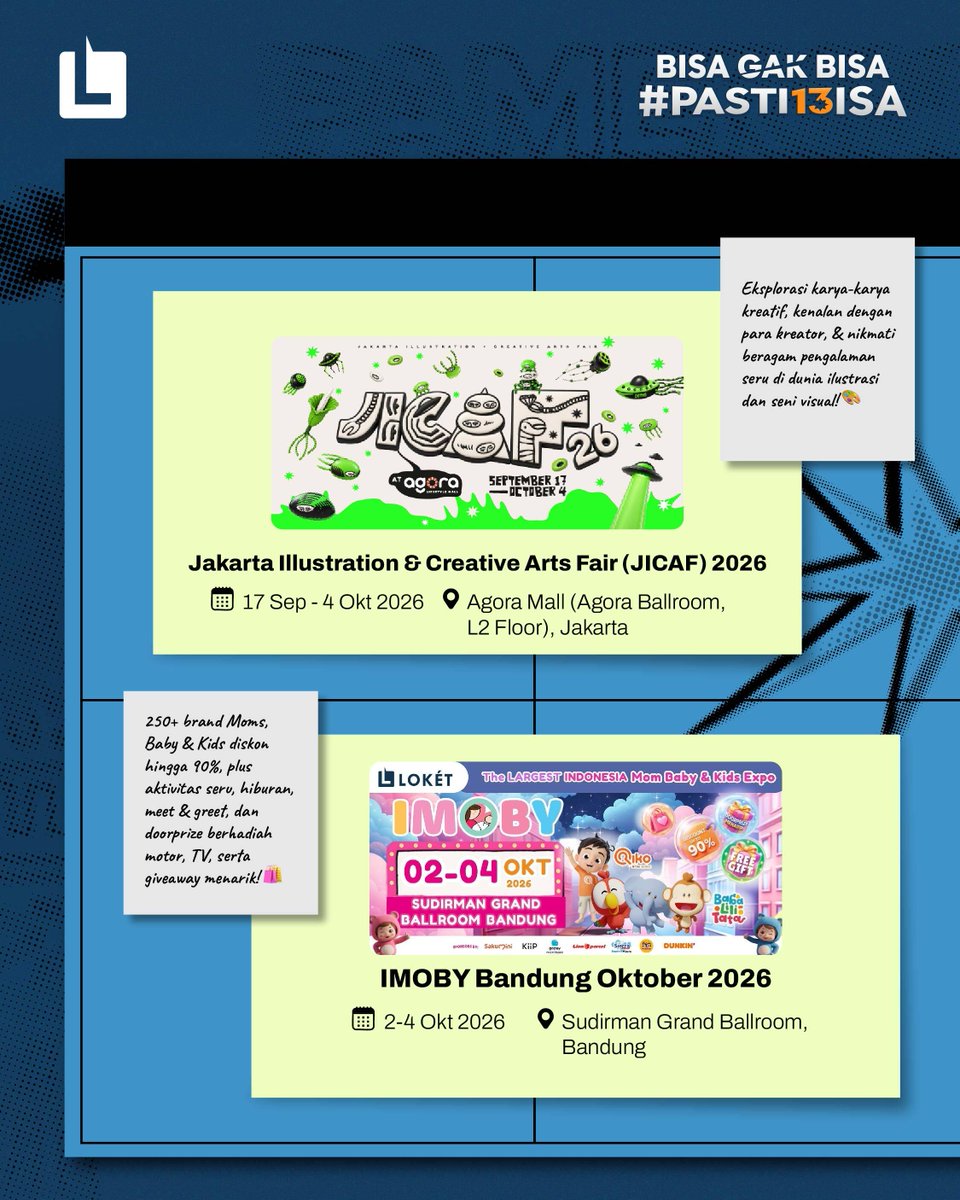 loketcom's tweet photo. Well, well, well… bulan Oktober ini ada banyak pameran seru! 👀
Mulai dari art, F&B, bisnis, sampai trading card, tinggal pilih mana yang paling bikin kamu penasaran. Geser buat cek eventnya dan jangan lupa amanin tiketnya lewat link di bio yaa bes! 😉
#LOKET #Loketcom #PamerinPameran