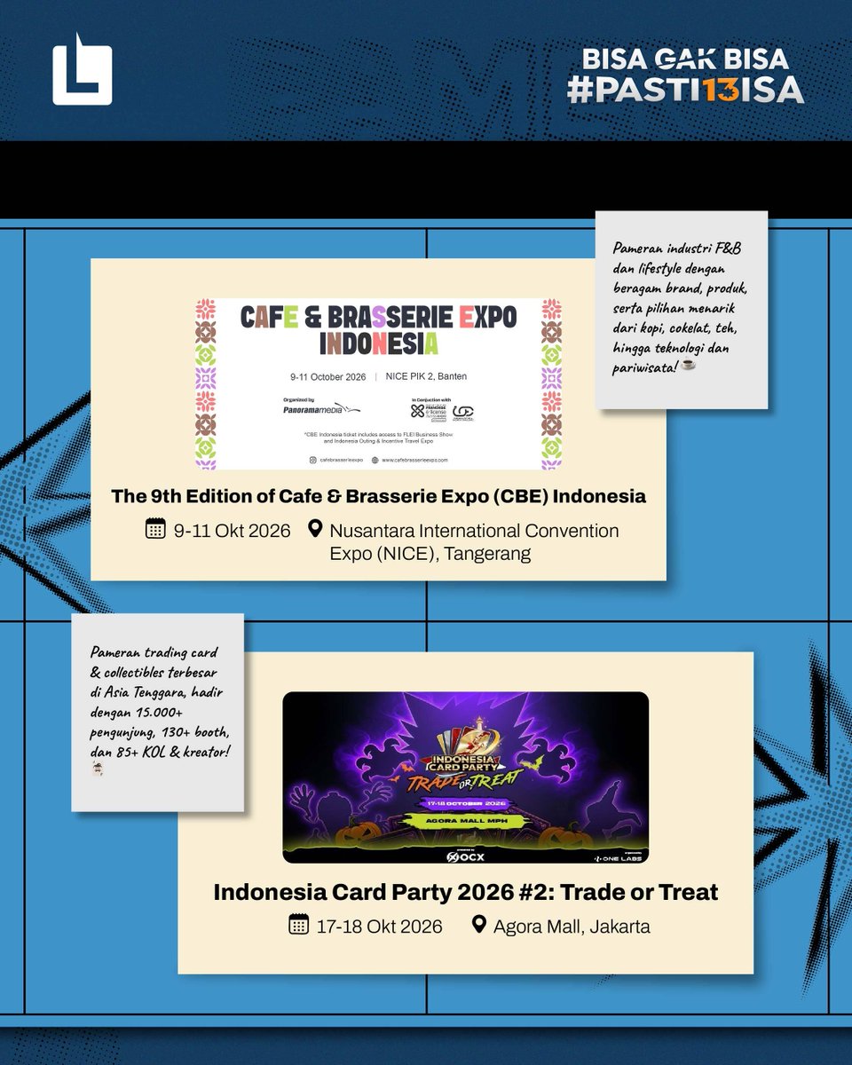 loketcom's tweet photo. Well, well, well… bulan Oktober ini ada banyak pameran seru! 👀
Mulai dari art, F&B, bisnis, sampai trading card, tinggal pilih mana yang paling bikin kamu penasaran. Geser buat cek eventnya dan jangan lupa amanin tiketnya lewat link di bio yaa bes! 😉
#LOKET #Loketcom #PamerinPameran