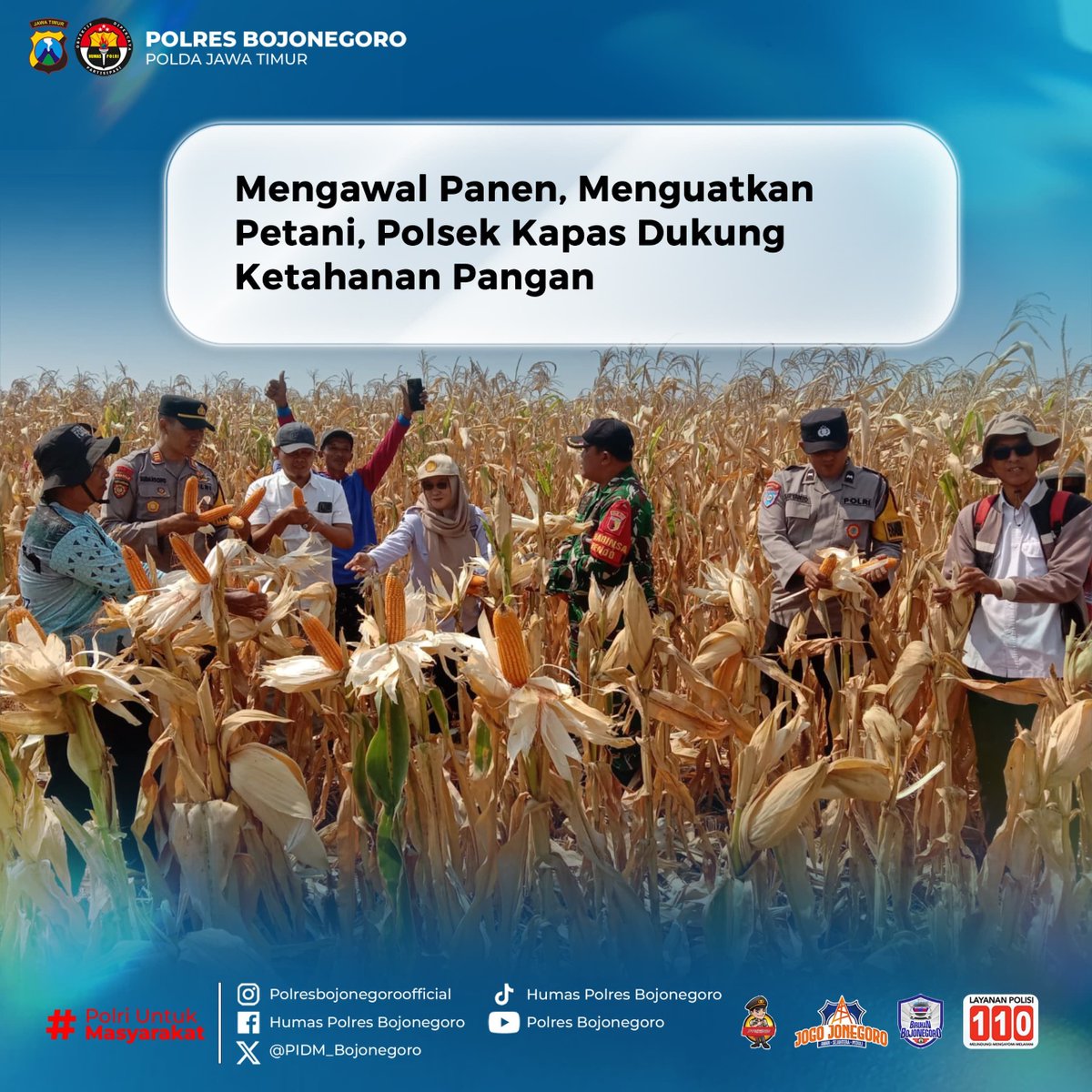 EkoDedyZld's tweet photo. Polsek Kapas Polres Bojonegoro hadir mendukung ketahanan pangan nasional melalui pendampingan langsung kepada para petani saat panen. 

Kehadiran Polri di tengah masyarakat menjadi wujud nyata komitmen dalam menjaga kelancaran pertanian, memperkuat kesejahteraan petani https://t.co/ZFaiuSUc9I