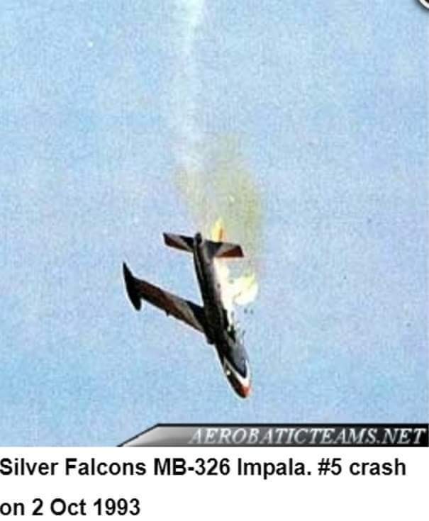 thyphoidjack's tweet photo. #TheLossOfSilverFalcon5 #489 - during a  Lanseria Air Show on 2 October 1993 Capt Charlie Rudnick from 85 CFS was killed when his ImpalaMB326M starboard wing separated in flight and crashed!

Although Capt Rudnick succesfully ejected; his Impala was to close to the ground for proper parachute deployment and ejection seat separation. He was found dead still strapped in his seat!