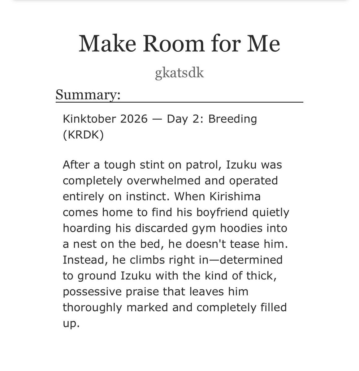 gkatsdk's tweet photo. day 2 of kinktober!! #krdk #mha #kinktober 

make room for me ❤️💚
-3.3k oneshot
-omegaverse
-mpreg, aftercare

🔗: https://t.co/YYwinYUb7I https://t.co/0Lg5yrAhf1