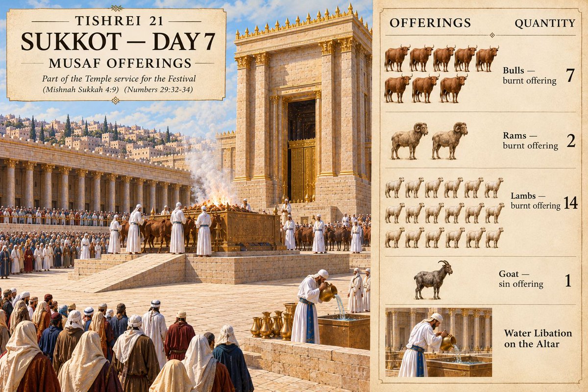 InTanakh's tweet photo. Tishrei 21: Sukkot Day 7 Offerings - Musaf offerings (7 bulls, 2 rams, 14 lambs, goat for sin offering; water libation on altar) part of Temple service for Festival (Mishnah Sukkah 4:9) (Numbers 29:32-34) https://t.co/LKBaQG1ufC https://t.co/TCVc8f8N1g