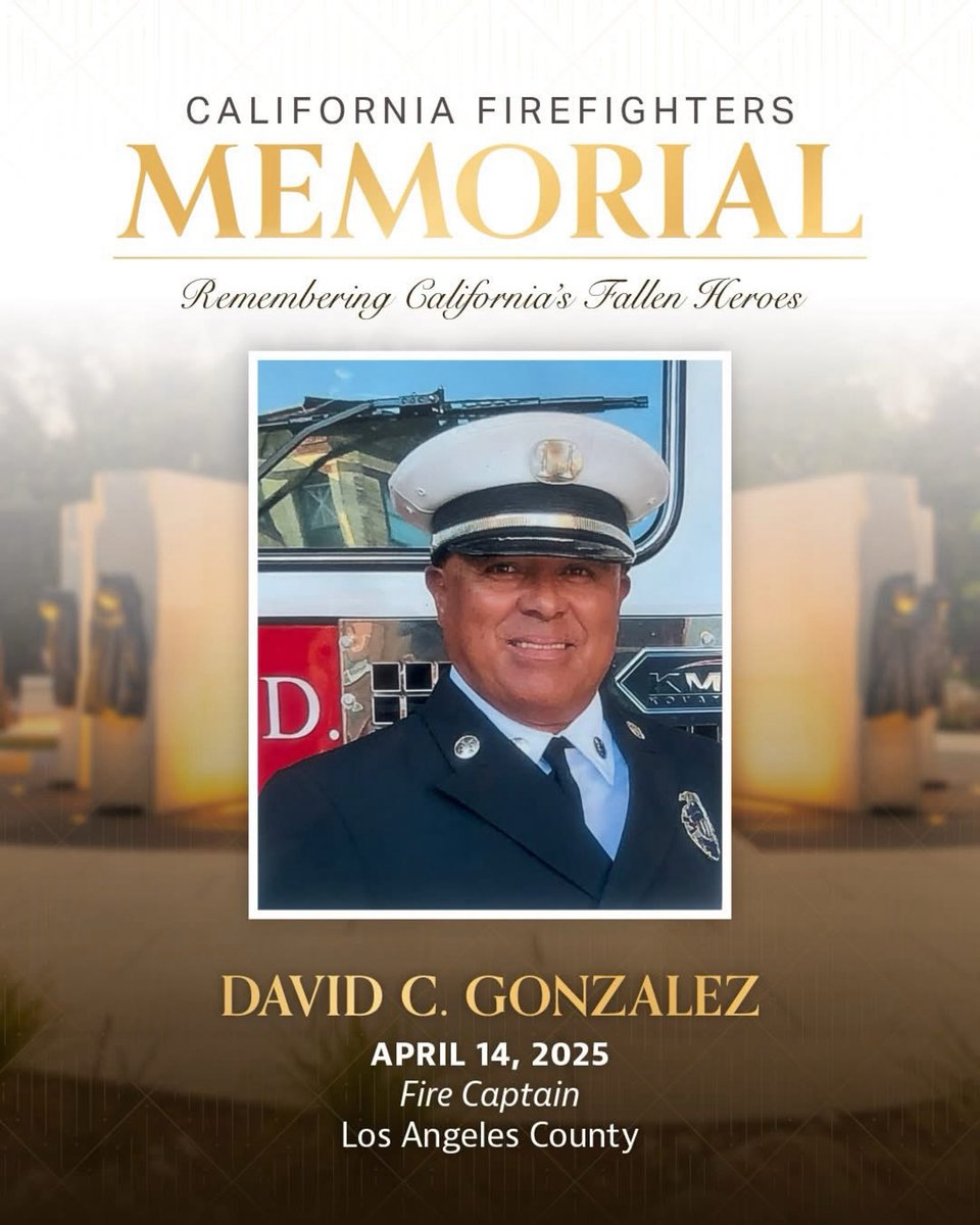 LACOFD's tweet photo. This Saturday, October 3rd, at 3 p.m., the 24th Annual California Firefighters Memorial Ceremony will honor 37 fallen heroes added to the Memorial Wall in Sacramento.
Honoring #LACoFD's own:
🕊️ Captain David C. Gonzalez.
🕊️ Captain Michael Mercado
🕊️ FFS Ismael M. Villalta-Ayala
🕊️ FFPM Dustin Roberto
Watch live:
https://t.co/OoI819NGqQ
#NeverForget 💔🚒
