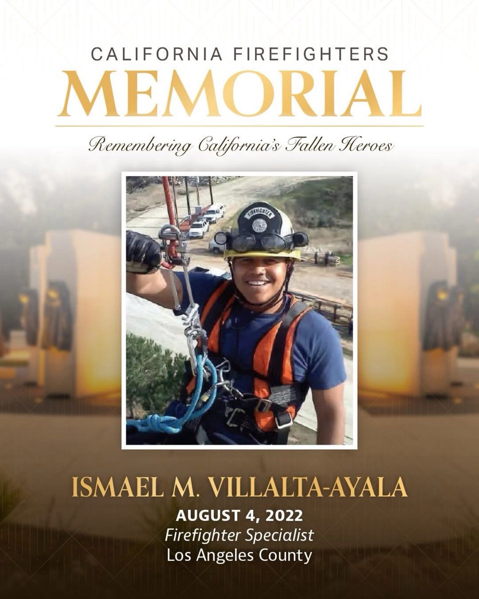 LACOFD's tweet photo. This Saturday, October 3rd, at 3 p.m., the 24th Annual California Firefighters Memorial Ceremony will honor 37 fallen heroes added to the Memorial Wall in Sacramento.
Honoring #LACoFD's own:
🕊️ Captain David C. Gonzalez.
🕊️ Captain Michael Mercado
🕊️ FFS Ismael M. Villalta-Ayala
🕊️ FFPM Dustin Roberto
Watch live:
https://t.co/OoI819NGqQ
#NeverForget 💔🚒