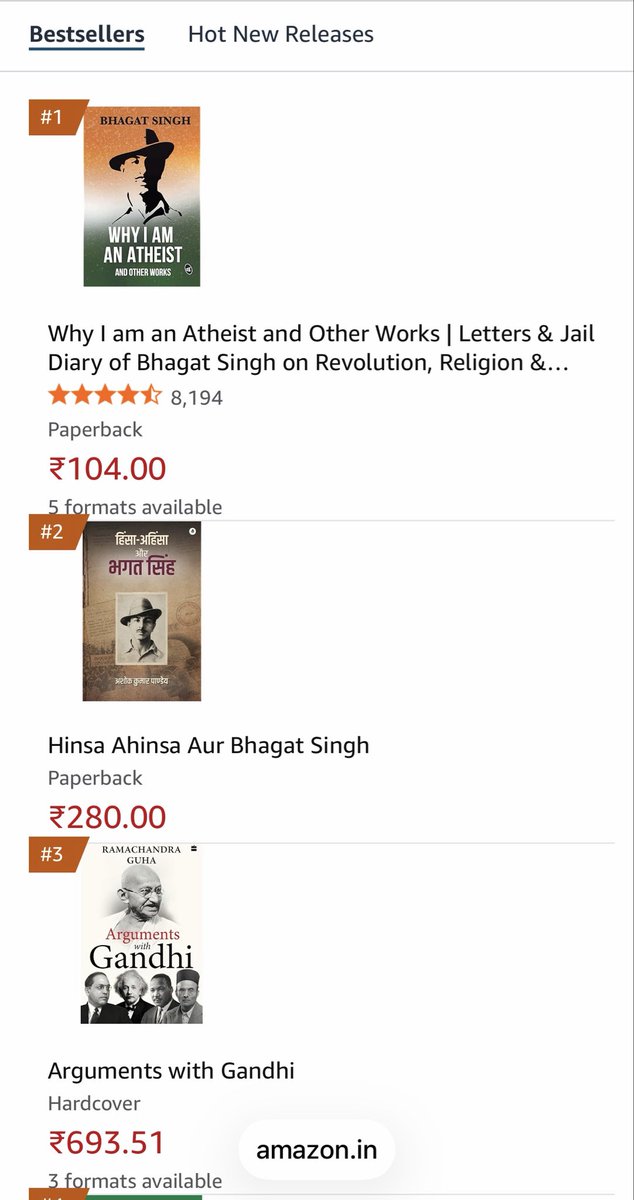 Ashok_Kashmir's tweet photo. कितना सुंदर है यह देखना कि अमेजन पर भारतीय इतिहास की सबसे ज़्यादा बिकने वाली किताबों में पहली भगत सिंह की ख़ुद लिखी है, दूसरी हमारी किताब भगत सिंह पर है और तीसरी गांधी पर 

थोक के भाव से हमारे हीरोज़ को बदनाम करने वाली किताबें कहीं आसपास भी नहीं हैं इनके। ❤️ https://t.co/3e1dHxKLVR