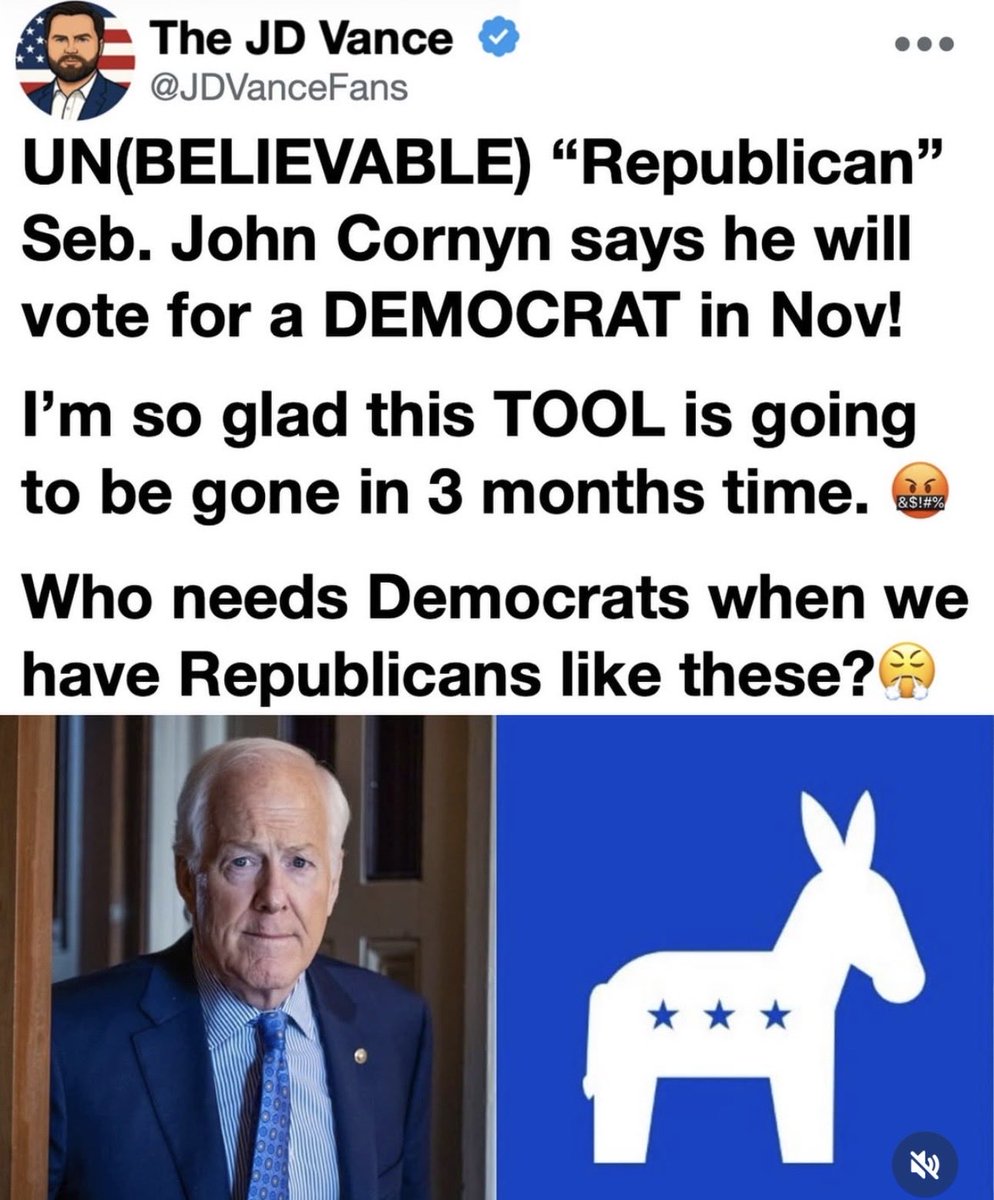 NowPammsy's tweet photo. I guess Cornyn  is still mad he lost in the Senate race to Ken! Too bad.  Wah! Wah! 😅😫 

Maybe you shouldn’t have been a RINO all these years in office. 

We were glad to get you out. You did nothing good for Texas that I know.

And now you could do something good by voting for our Republican nominee for Senator, @KenPaxtonTX but no you hold a grudge and will vote for a Dem! The freako Talarico?? 🙄😠

I’m so glad your petty RINO self will be gone soon. You’re embarrassing!