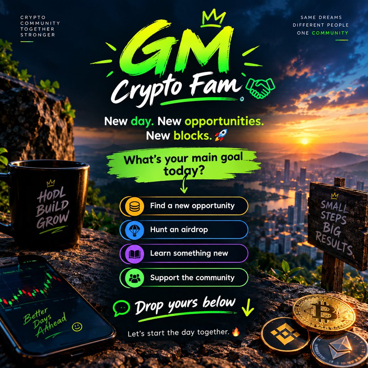 AhadBuild's tweet photo. GM Crypto Fam ☀️🫂

New day. New opportunities. New blocks. 🚀

What’s your main goal today? 👇

💰 Find a new opportunity
🪂 Hunt an airdrop
📚 Learn something new
🤝 Support the community

Drop yours below 👇
Let’s start the day together. 🔥
#Cryoto #viral #Twitter https://t.co/VivZtkPoyf