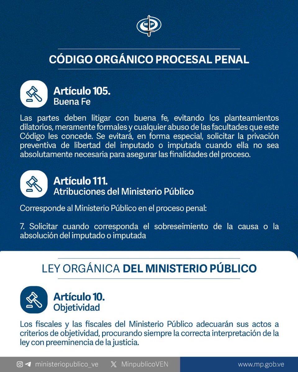 LarryDevoe's tweet photo. Este jueves 1 de octubre, el Ministerio Público solicitó sentencia absolutoria para la ciudadana Rocío San Miguel y otras tres personas que enfrentaban un proceso penal, tras haber sido acusadas de participar en la presunta comisión de diversos delitos en el caso conocido como "Brazalete Blanco".
 
La solicitud se realizó luego de un análisis objetivo de los hechos y las pruebas debatidas durante el juicio oral y público, de conformidad con lo establecido en el COPP.
 
Como parte de buena fe, el Ministerio Público debe actuar siempre en búsqueda de la verdad y en consonancia con el principio de presunción de inocencia consagrado en la Constitución.
 
El Tribunal de la causa acordó la solicitud, y en consecuencia decretó la libertad plena y sin restricciones de los referidos ciudadanos.
 
En esta misma causa, 10 ciudadanos resultaron condenados luego de que se acreditara plenamente su participación en los hechos objeto del proceso.
 
Desde el Ministerio Público reiteramos nuestro compromiso con el debido proceso, la legalidad y el respeto irrestricto de los derechos humanos.

#MinisterioPúblico #Justicia #DerechosHumanos #DebidoProceso #PresunciónDeInocencia