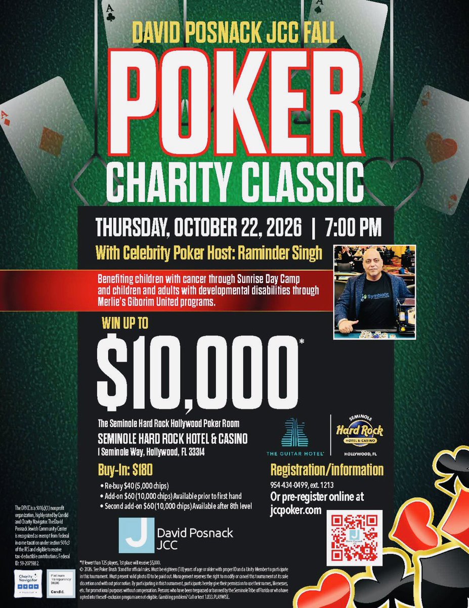 PokerTrue's tweet photo. I recently had the invite and opportunity to visit the David Posnack JCC here in South Florida and spend some time with Scott, Jeff and Randy. Meeting was planned for an hour but we talked for almost 3 hours and they also gave me a tour of the JCC facility. Honestly, my heart was really touched by what I saw.

The JCC is helping so many people from different backgrounds who are in need. One thing that really stood out to me was seeing kids with special needs learning cooking, catering and other important life skills. They are also helping prepare meals that are served to their community’s senior citizens and elderly people. To me, that is such a beautiful thing. The kids are learning new skills and gaining confidence, while at the same time helping people who need a warm meal and some support. Kind of killing two birds with one stone, or better said, solving two problems with one strategy. I have supported the JCC and their charity efforts since 2012 and even won their charity tournament (attached picture and a nice trophy 🏆 they offer for this), and after seeing their work firsthand, I felt even more strongly about supporting them.

I am definitely not a professional poker player or a celebrity. 🙂 I just genuinely love supporting charities and good causes whenever I can as a local businessman and a recreational tournament Poker player.  The JCC invited me to be one of their hosts for this year’s charity poker event. They were kind enough to offer to cover the host’s buy in, but I told them I would be more than happy to cover my own buy-in so that we can hopefully raise even more money for this amazing cause 🤞💯. Really grateful to the JCC team for everything they are doing🙏🏼

So I am looking forward to seeing all my friends there. Come out, play some poker, have some fun and most importantly, help support a great cause. 

📅 October 22, 2026 at 7 PM
📍 Seminole Hard Rock Hollywood Poker Room

I hope many of you can make it. Please share and repost to spread the word if possible since this is for a great cause🙏🏼. It should be a fun night with good friends, good poker and, most importantly, a chance to give back to our community. 

💙🙏🏼 ♠️ ❤️♣️♦️