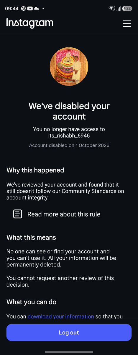 Rishabhsin7f's tweet photo. "Hi @instagram, my account (@its_rishabh_6946) appears disabled by mistake. I've submitted an appeal already and would appreciate a review. Thank you. https://t.co/MeiTDTn0Lr