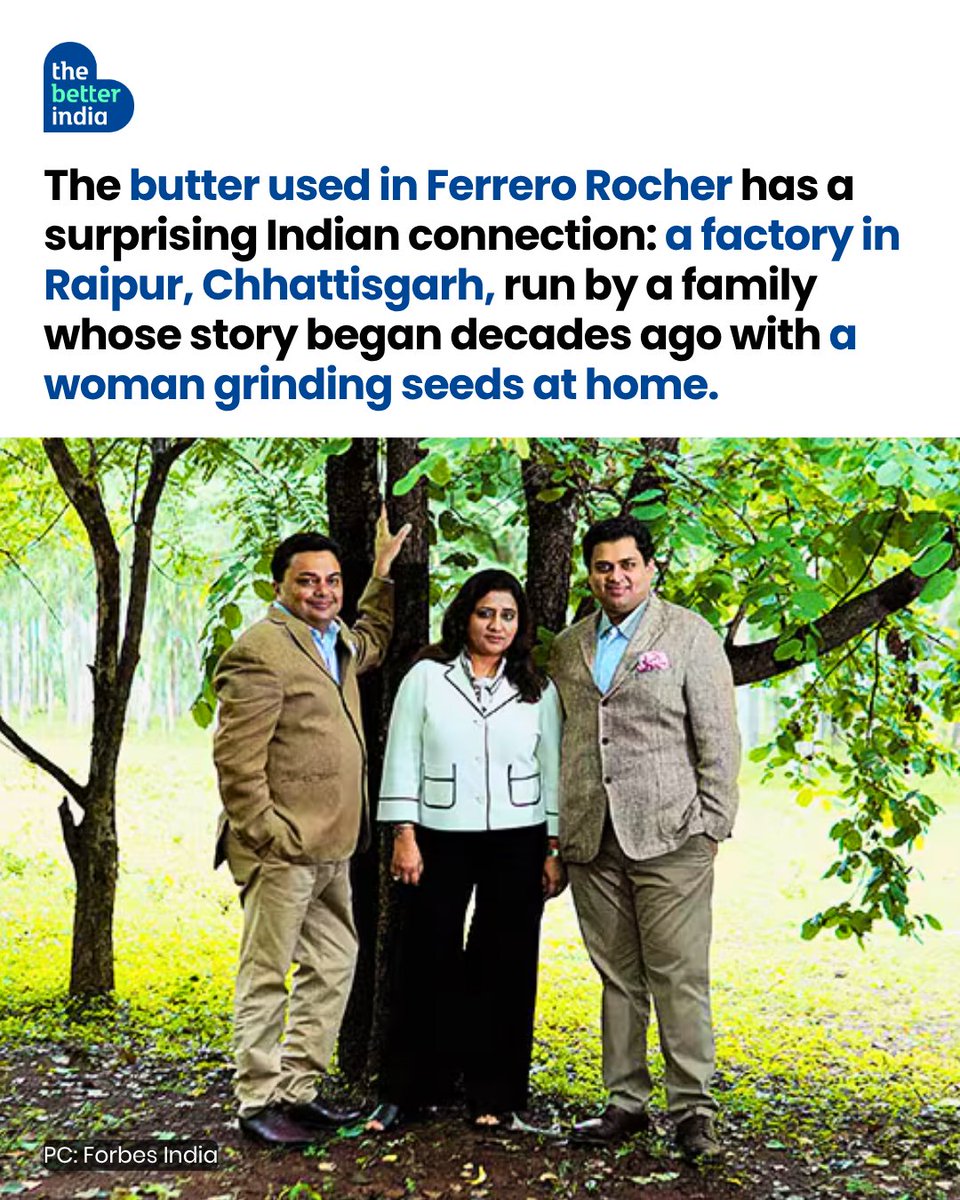 thebetterindia's tweet photo. What does a Ferrero Rocher have to do with an Indian woman grinding seeds in her kitchen?

More than you’d think.

Decades ago, Manorama Agarwal and her husband began experimenting with seeds and kernels at home. What followed was a remarkable journey involving fat chemistry, discarded forest produce, an unconventional trade-fair stunt and an unexpected meeting with Michael Ferrero.

Today, their family business has grown from those humble beginnings into a ₹1,357.7-crore company, sourcing from forest-dwelling communities across five states and taking its ingredients to 84 countries.

Swipe to trace the unlikely journey from a home kitchen to some of the world’s biggest brands.

#IndianEntrepreneurs #MadeInIndia #IndianInnovation #SustainableBusiness #EdibleArchives

[Manorama Industries Raipur, Ferrero Rocher Indian connection, Indian speciality fats company, mango kernel butter India, Chhattisgarh forest produce business, women forest produce collectors]
