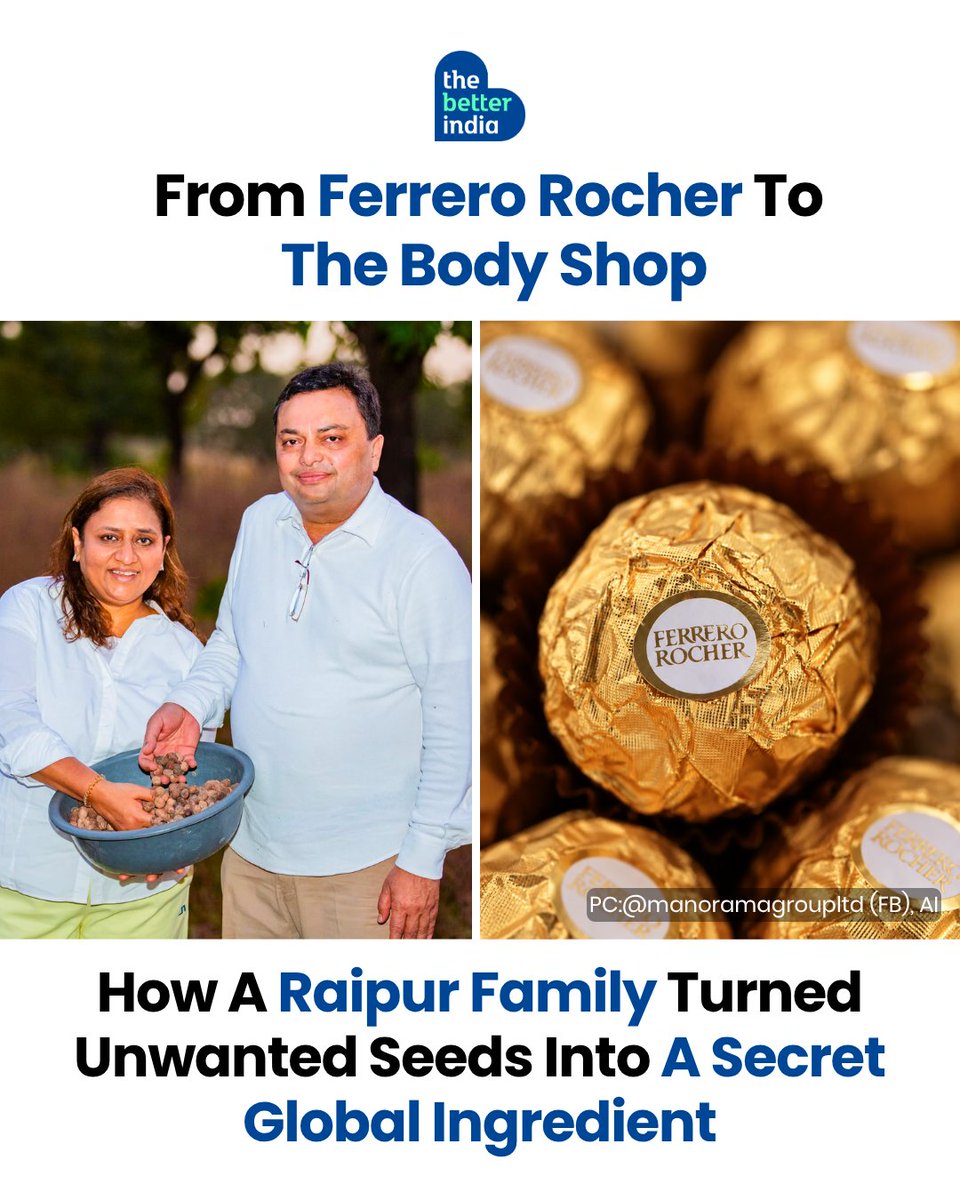 thebetterindia's tweet photo. What does a Ferrero Rocher have to do with an Indian woman grinding seeds in her kitchen?

More than you’d think.

Decades ago, Manorama Agarwal and her husband began experimenting with seeds and kernels at home. What followed was a remarkable journey involving fat chemistry, discarded forest produce, an unconventional trade-fair stunt and an unexpected meeting with Michael Ferrero.

Today, their family business has grown from those humble beginnings into a ₹1,357.7-crore company, sourcing from forest-dwelling communities across five states and taking its ingredients to 84 countries.

Swipe to trace the unlikely journey from a home kitchen to some of the world’s biggest brands.

#IndianEntrepreneurs #MadeInIndia #IndianInnovation #SustainableBusiness #EdibleArchives

[Manorama Industries Raipur, Ferrero Rocher Indian connection, Indian speciality fats company, mango kernel butter India, Chhattisgarh forest produce business, women forest produce collectors]